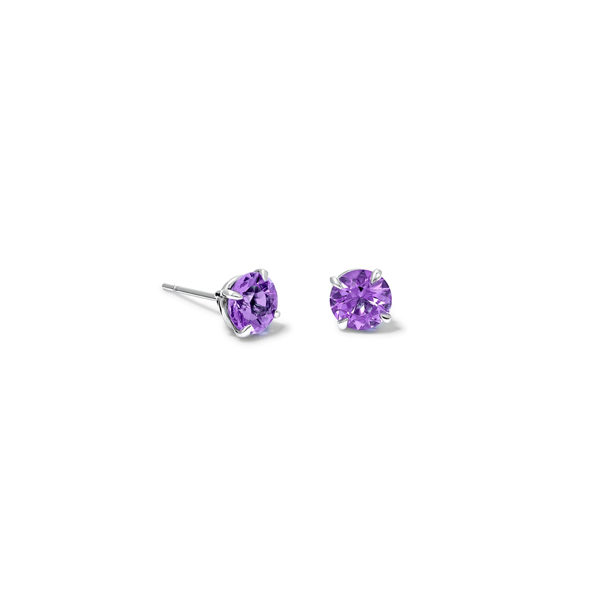 Handcrafted white gold stud earrings featuring round amethyst gemstones, birthstone of February.