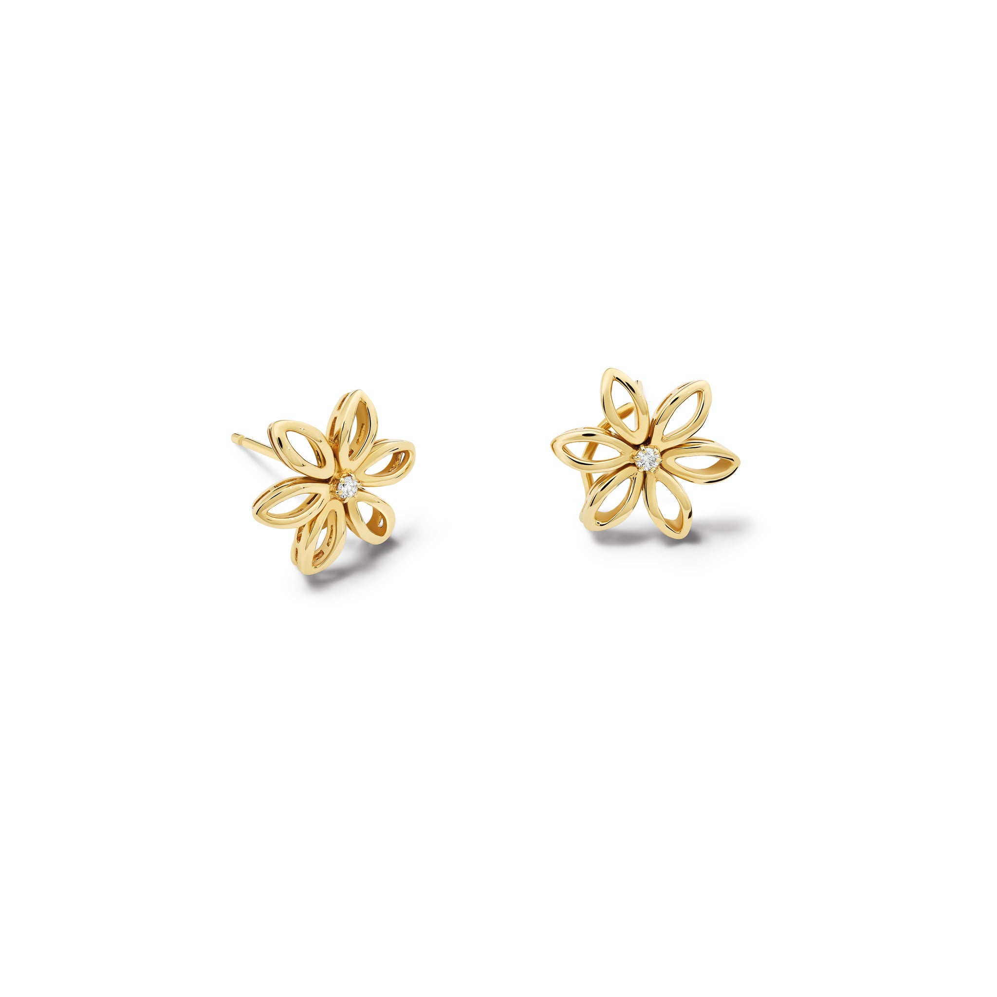 Handcrafted yellow gold flower studs with a central diamond, birthstone of April.