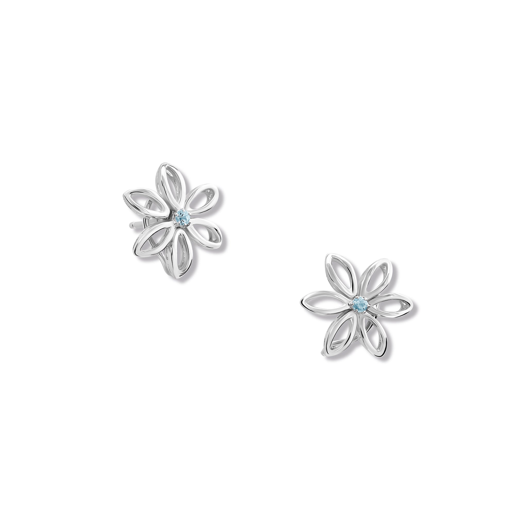 Handcrafted sterling silver flower studs with a central blue topaz, birthstone of November.