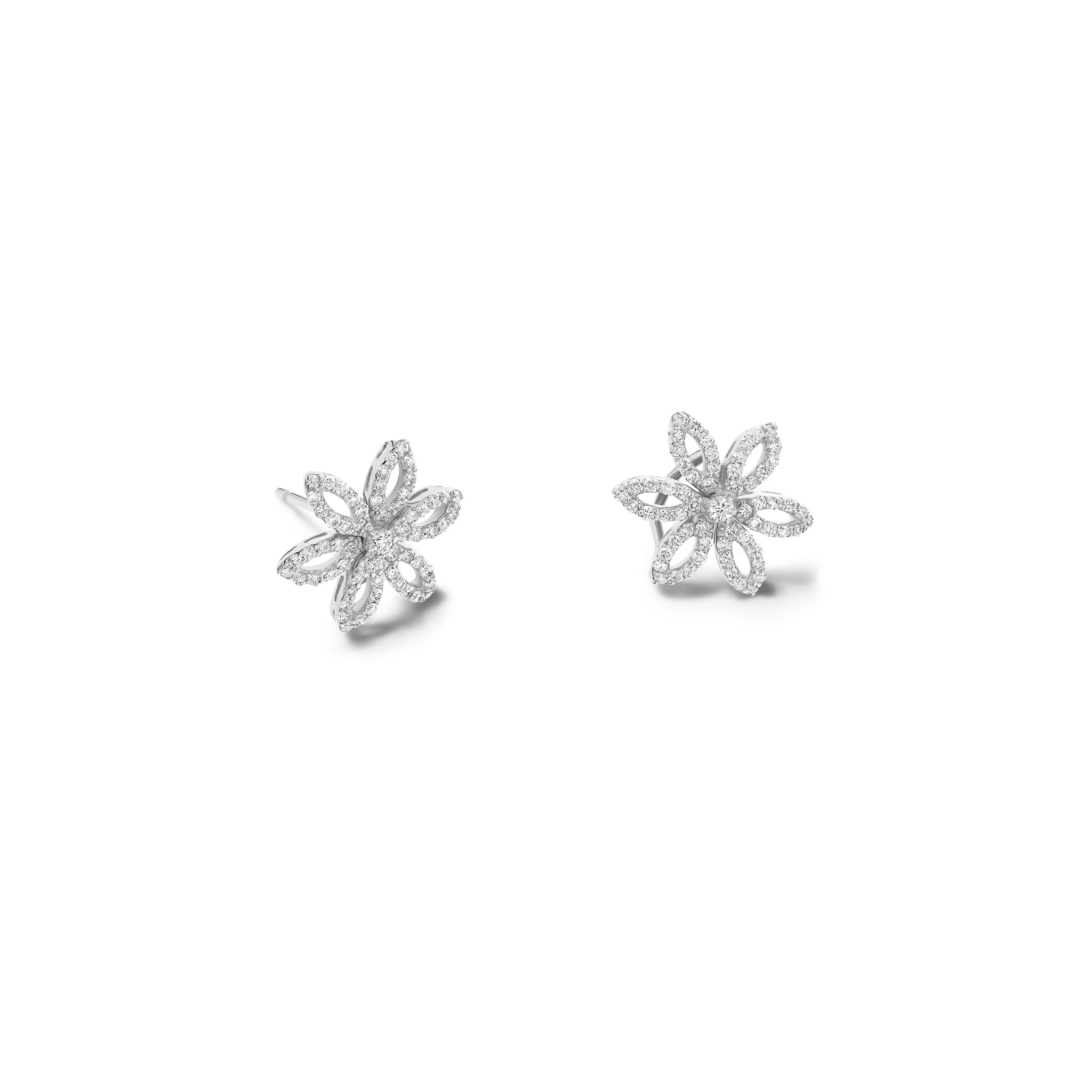 Handcrafted 18ct white gold flower studs with a central diamond, birthstone of April, with diamond pav�.