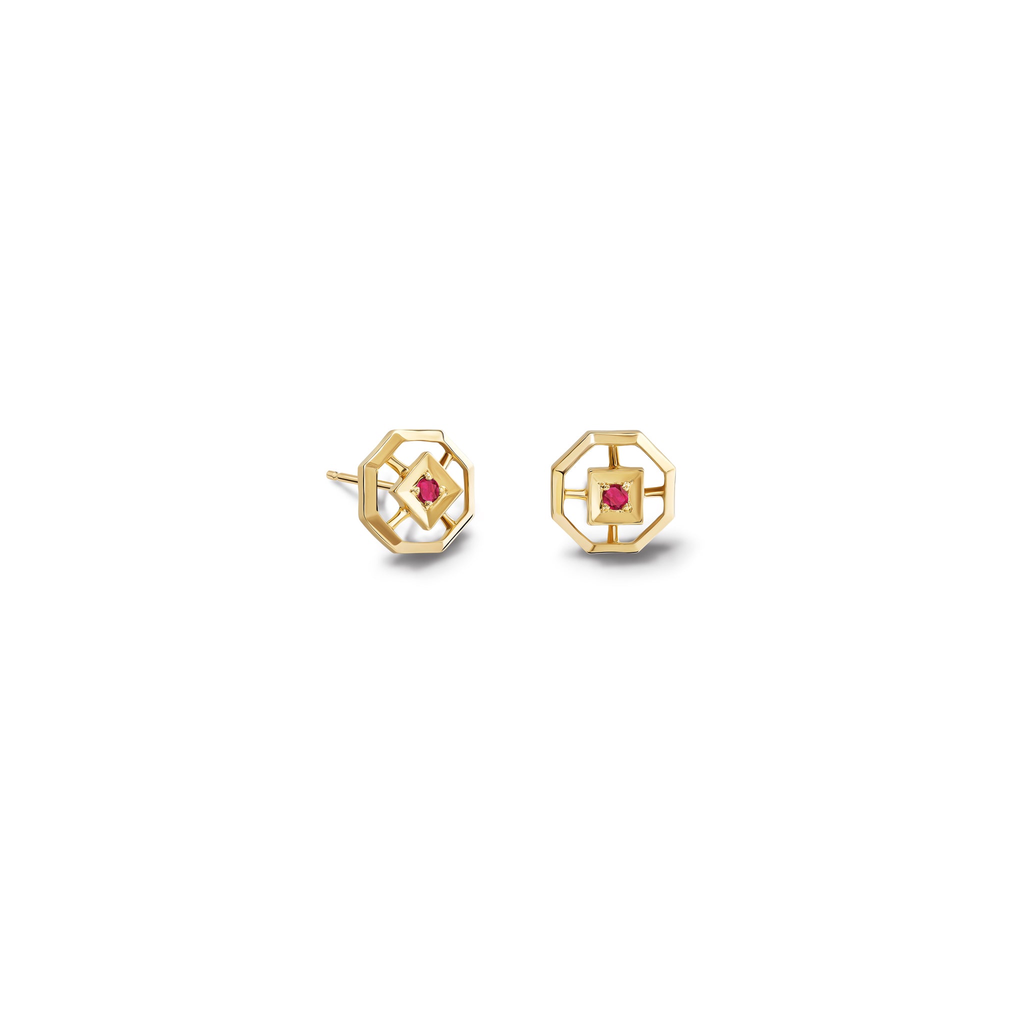 Handcrafted yellow gold stud earrings featuring an octagonal design with a central ruby, birthstone of July.