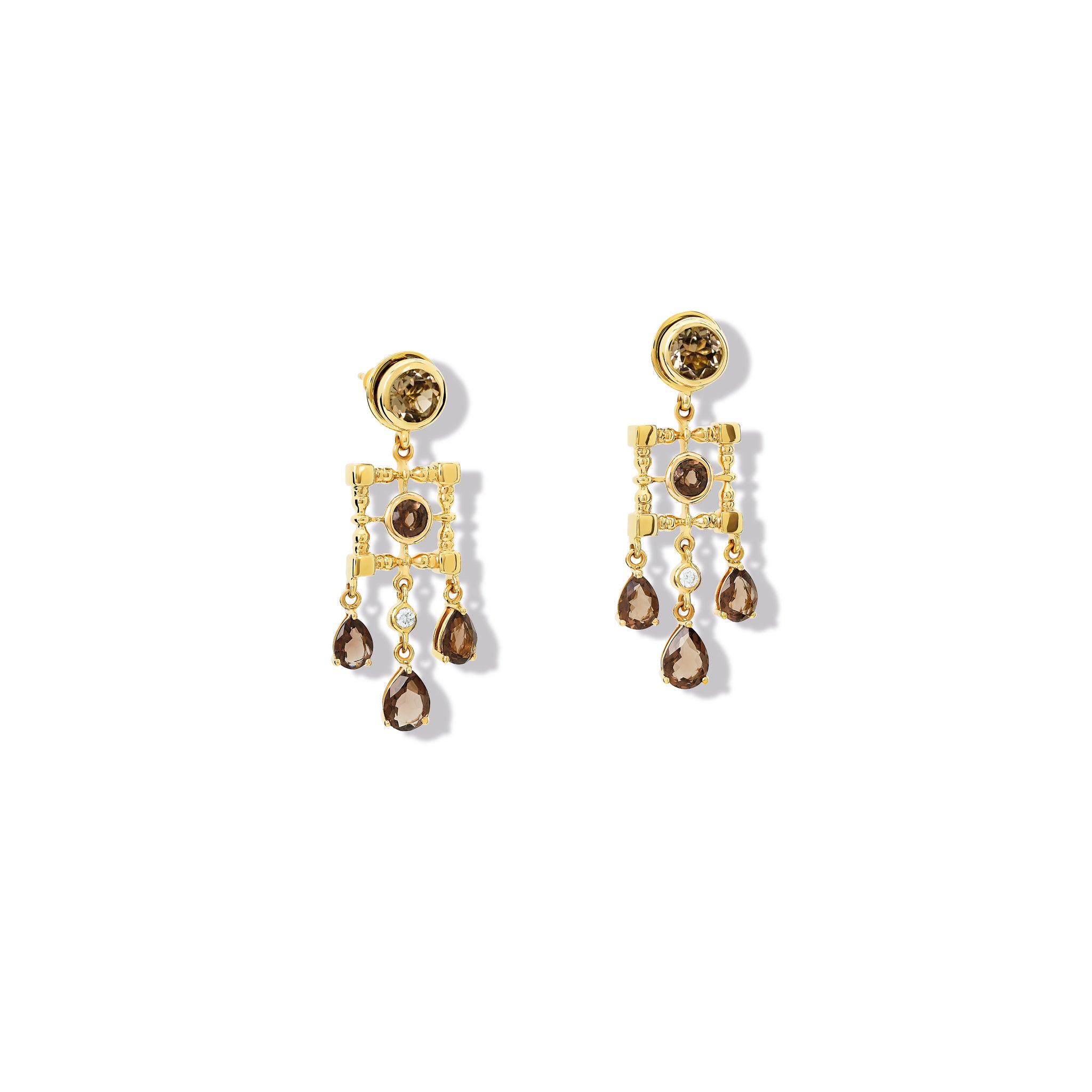 Mashrabiya Trellis Halo Earring Drops Yellow Gold - Smoky Quartz & Diamond