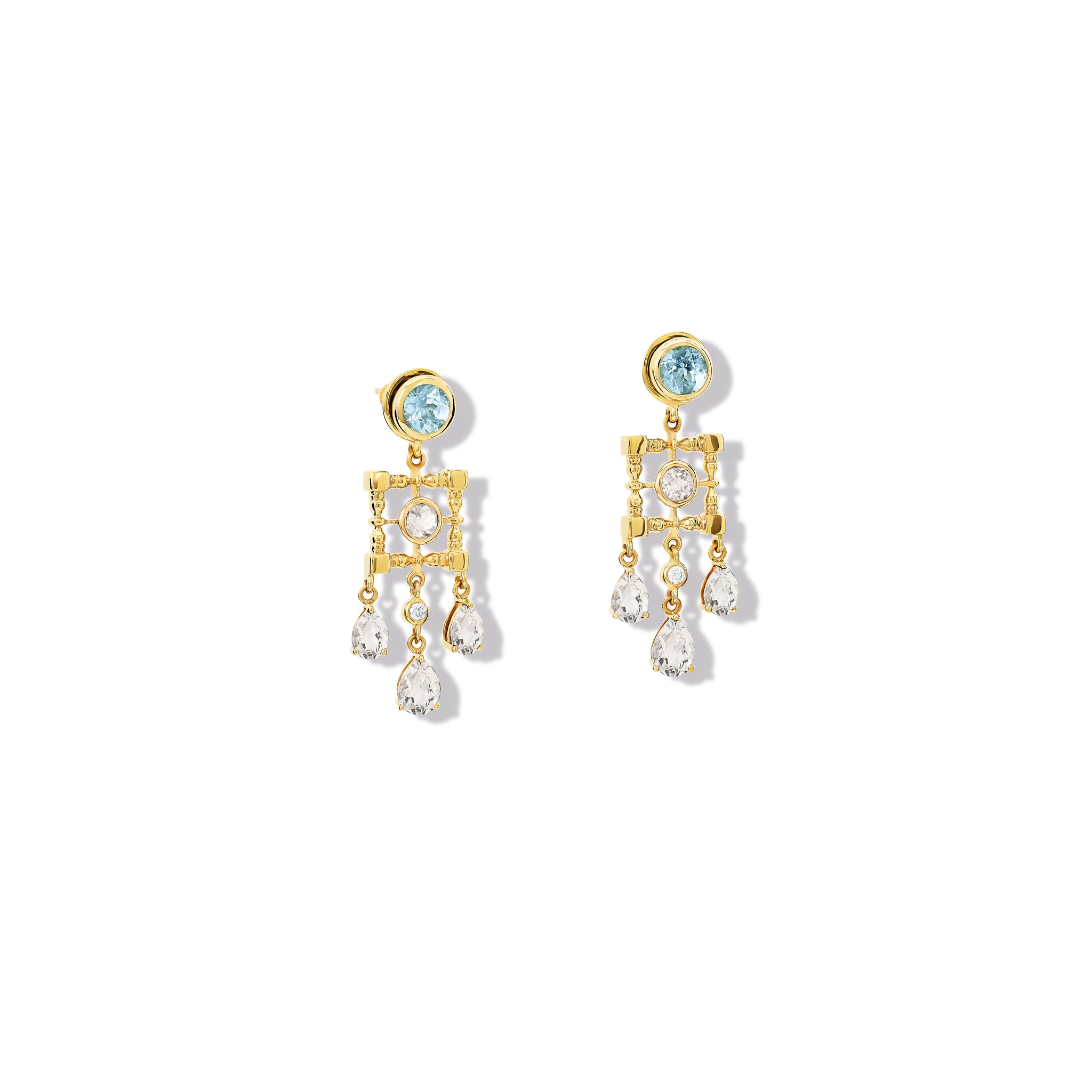 Mashrabiya Trellis Halo Earring Drops Yellow Gold - White Sapphire & Diamond