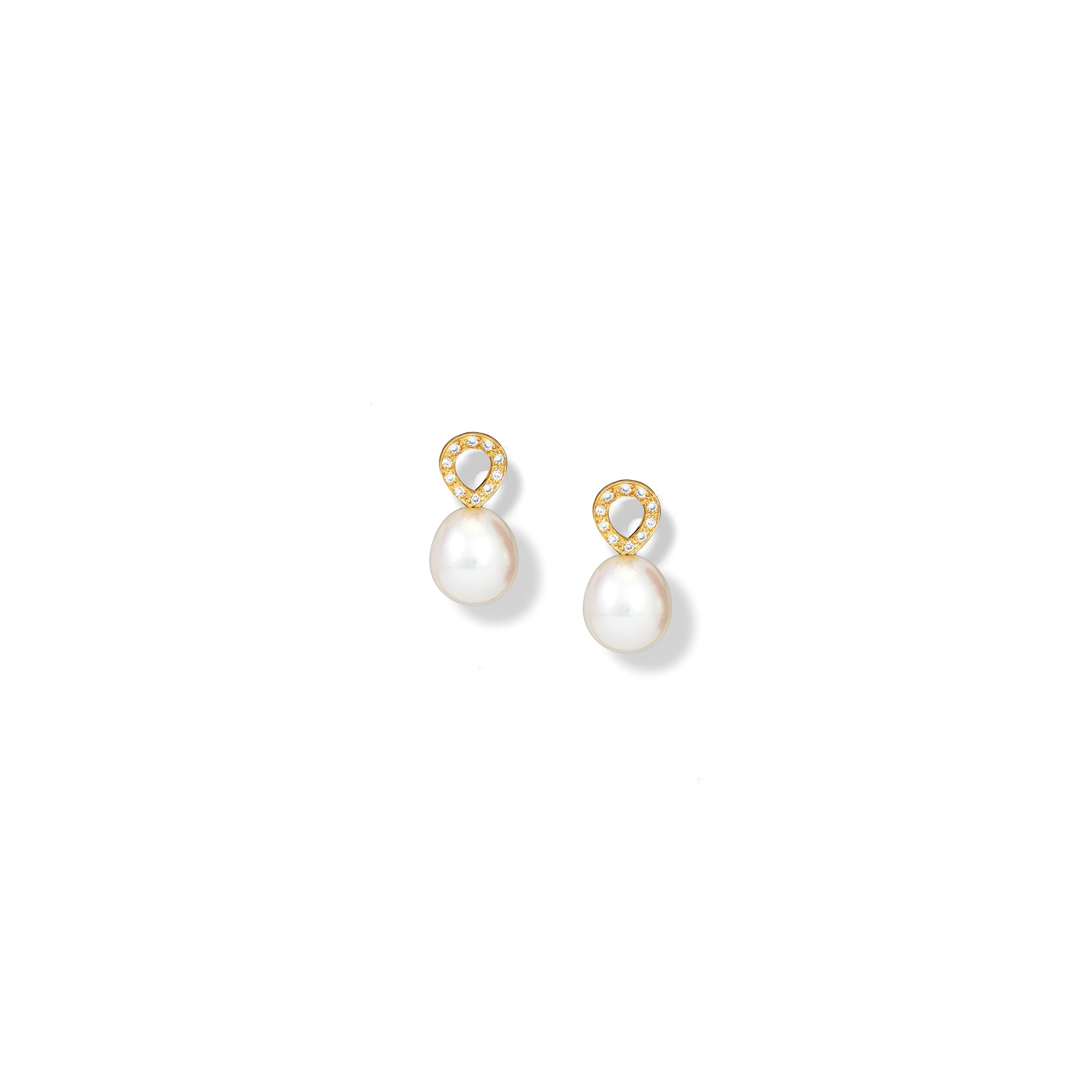 Handcrafted 18ct yellow gold earring drops with pearls and diamonds.