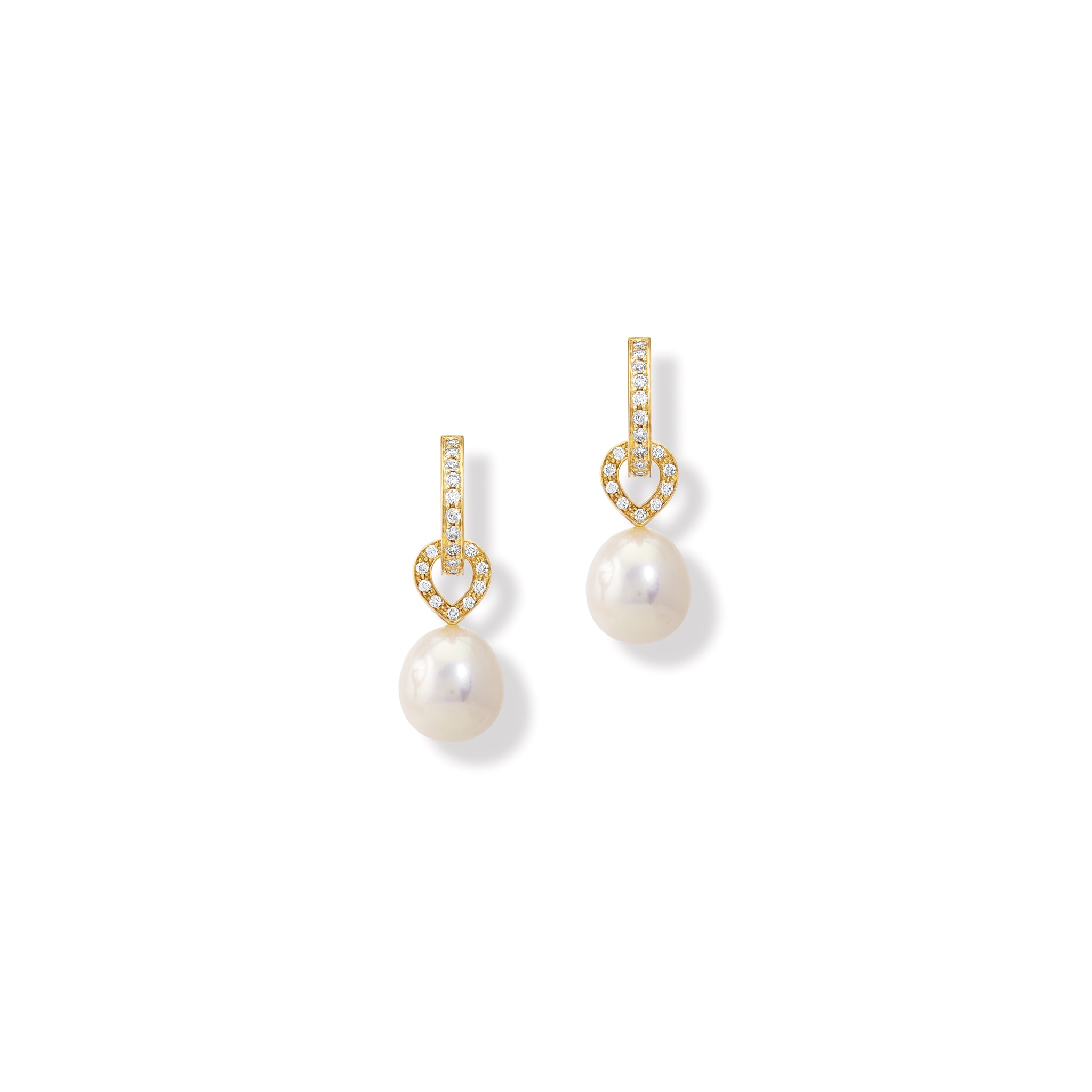 Handcrafted 18ct yellow gold earring drops with pearls and diamonds.