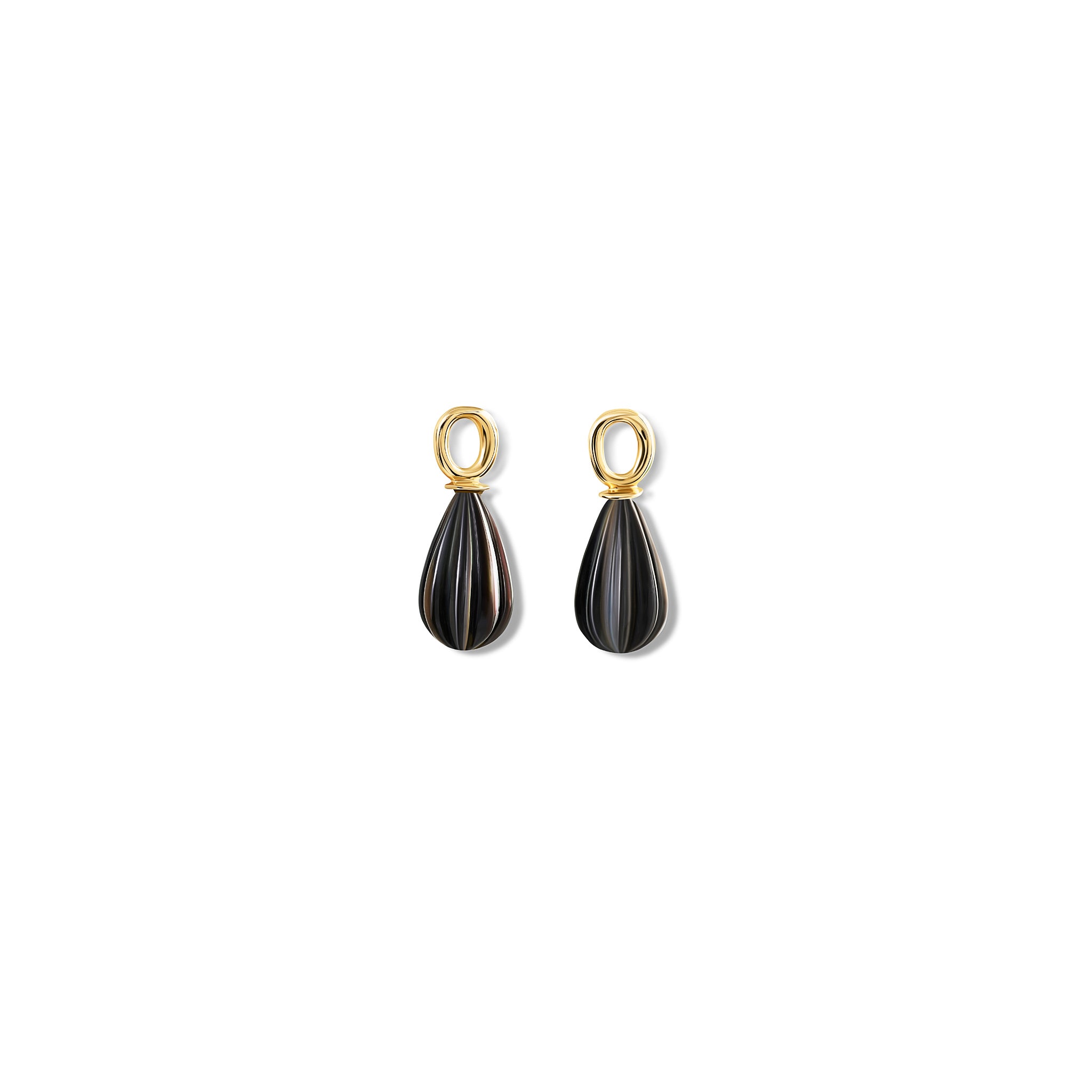 Handcrafted yellow gold earring drops with curved grey pearls in a teardrop shape.