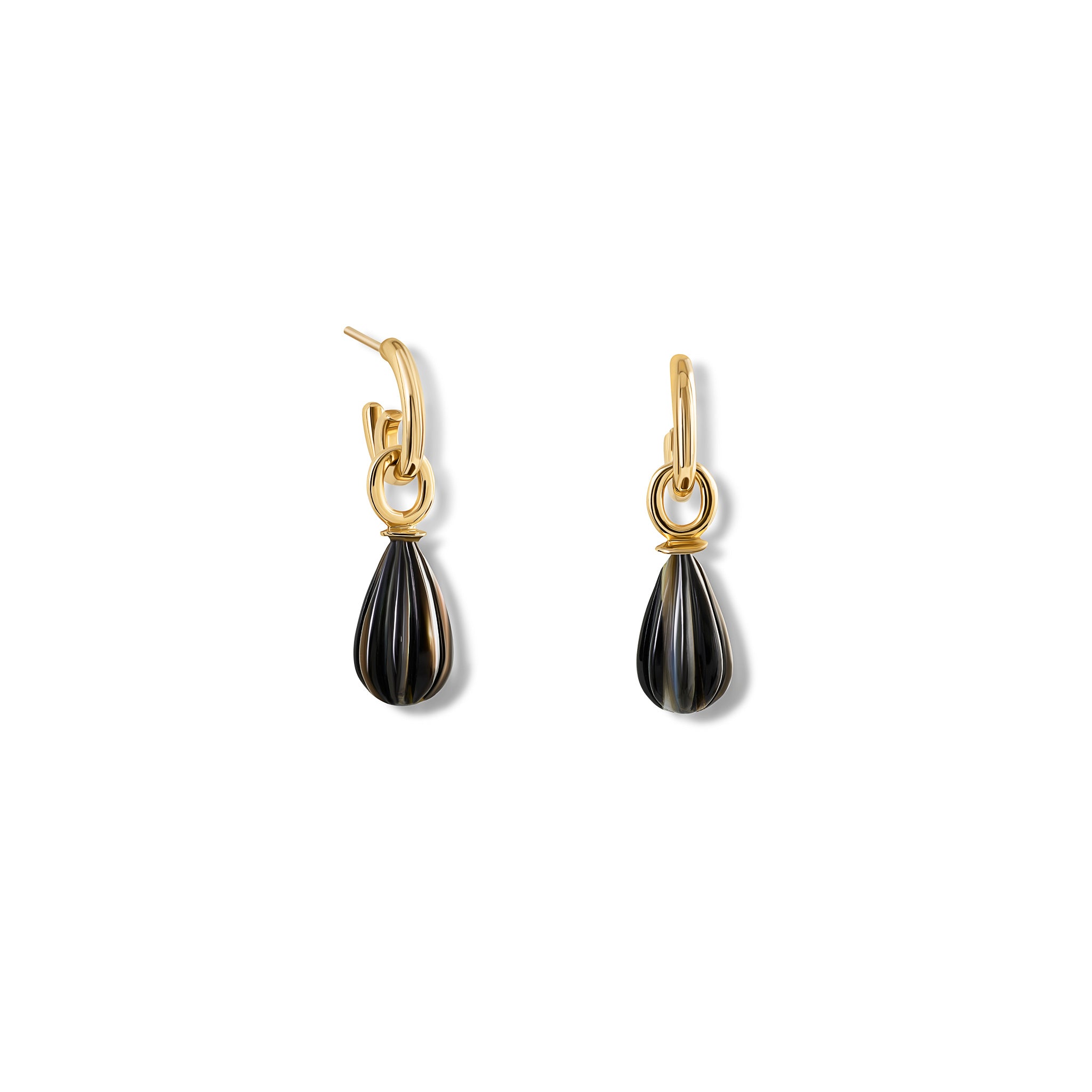 Handcrafted yellow gold earring drops with curved grey pearls in a teardrop shape.