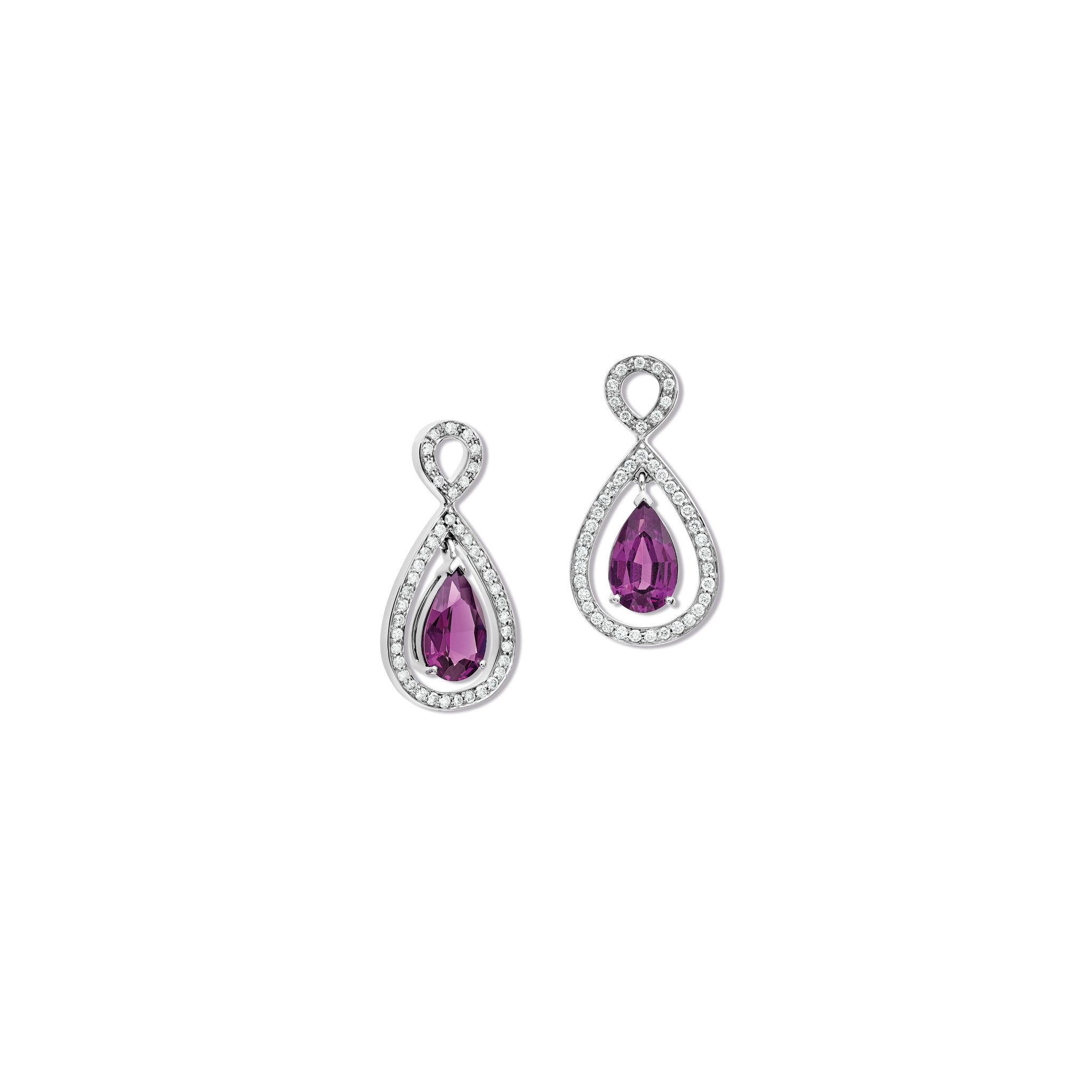 Handcrafted 18ct white gold earring drops featuring a central umbalite garnet surrounded by diamonds.