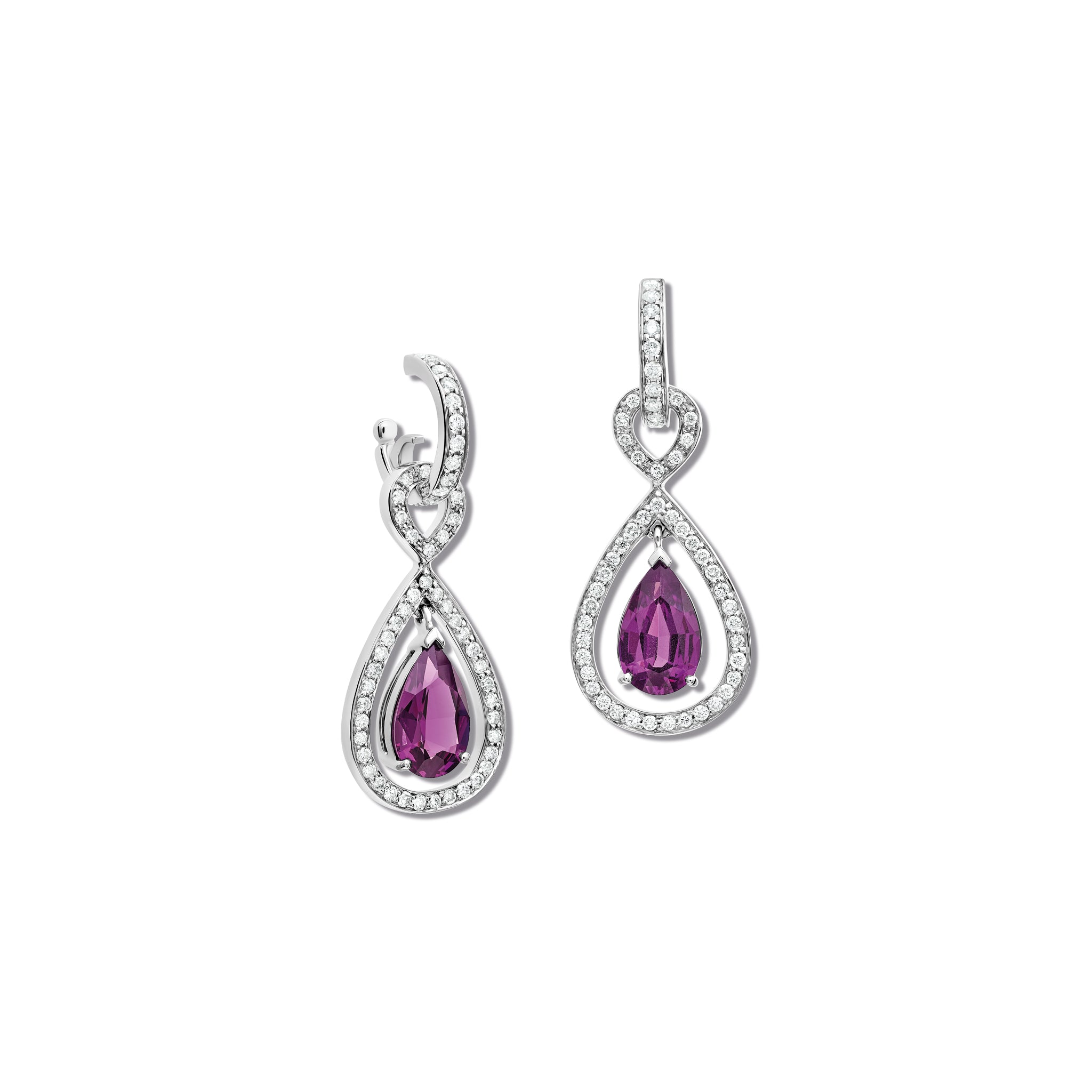 Handcrafted 18ct white gold earring drops featuring a central umbalite garnet surrounded by diamonds.