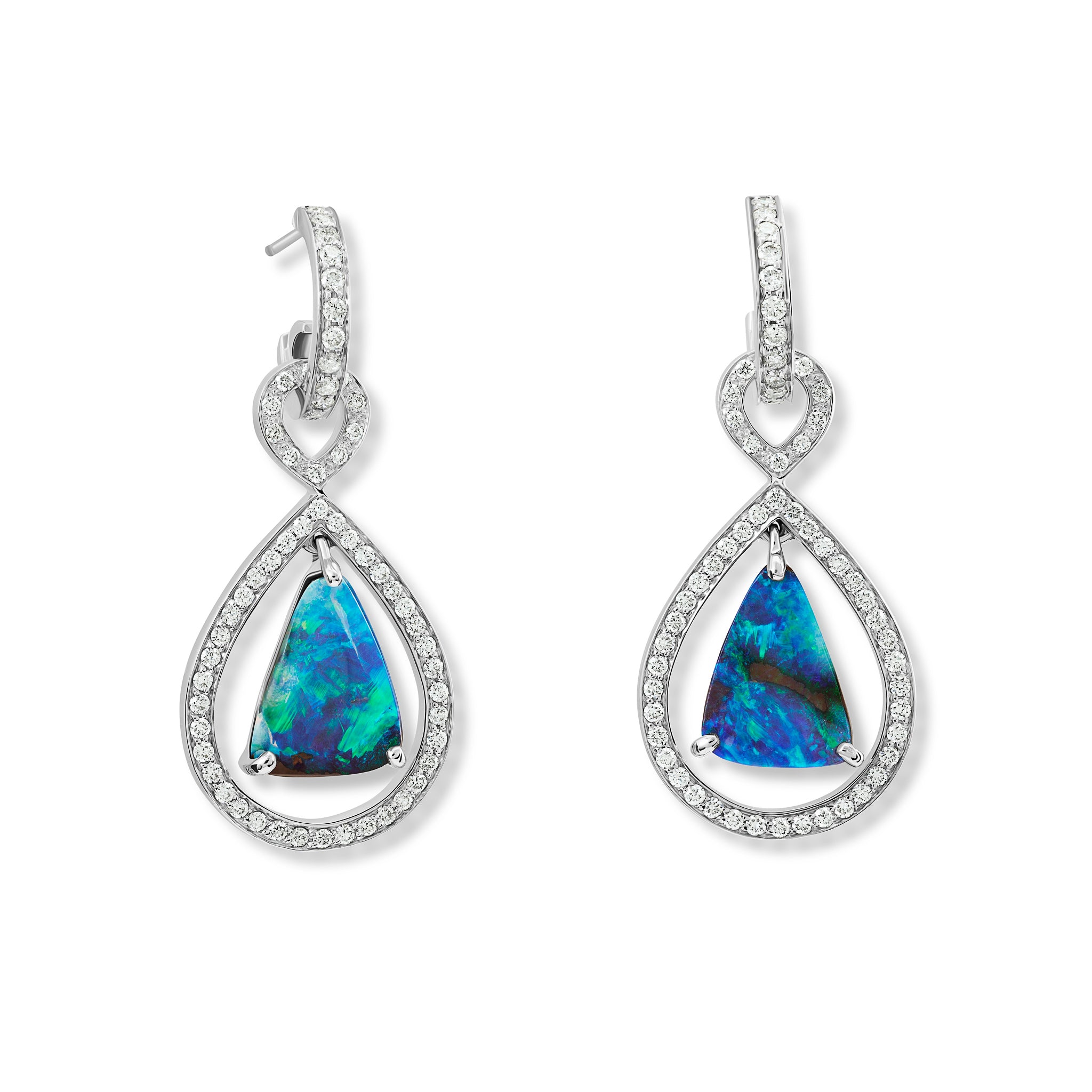 Handcrafted 18ct white gold earring drops featuring triangular-shaped opals with diamonds, birthstone of October.