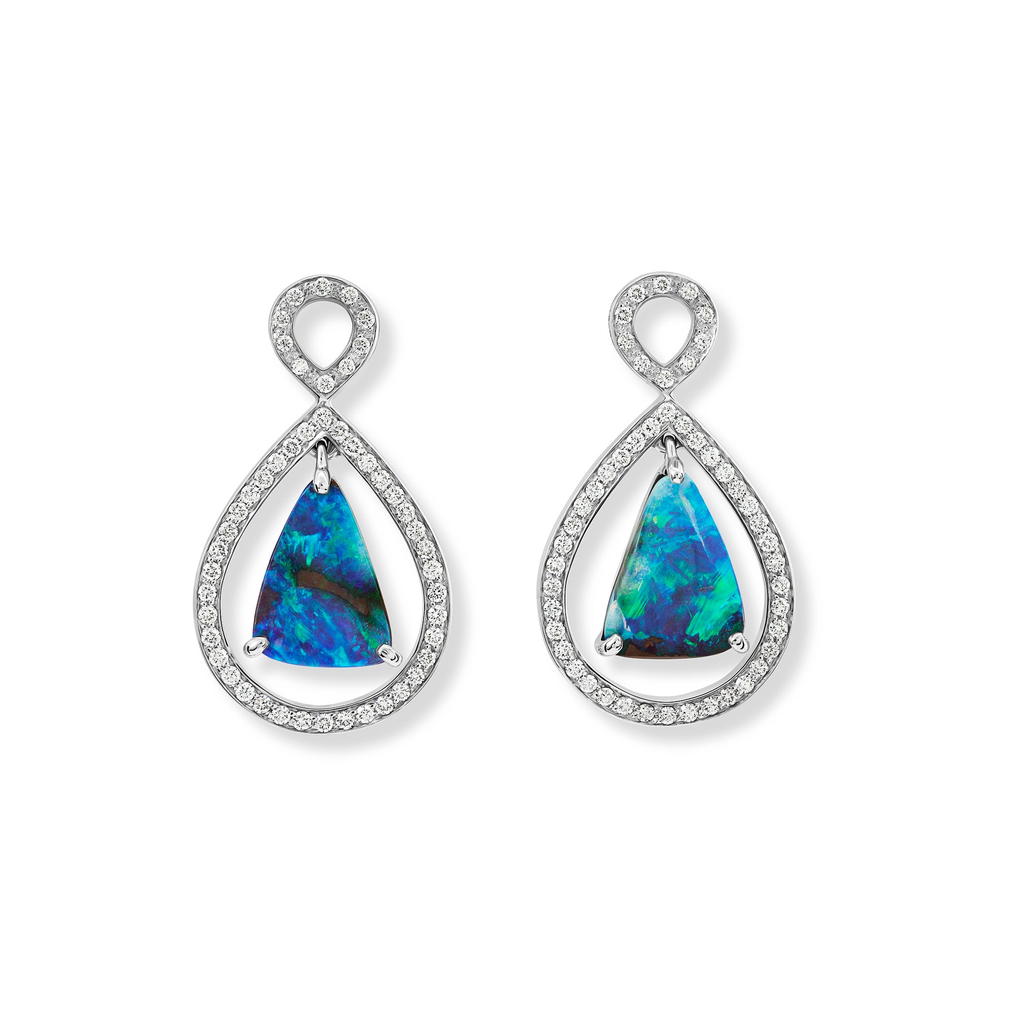 Handcrafted 18ct white gold earring drops featuring triangular-shaped opals with diamonds, birthstone of October.