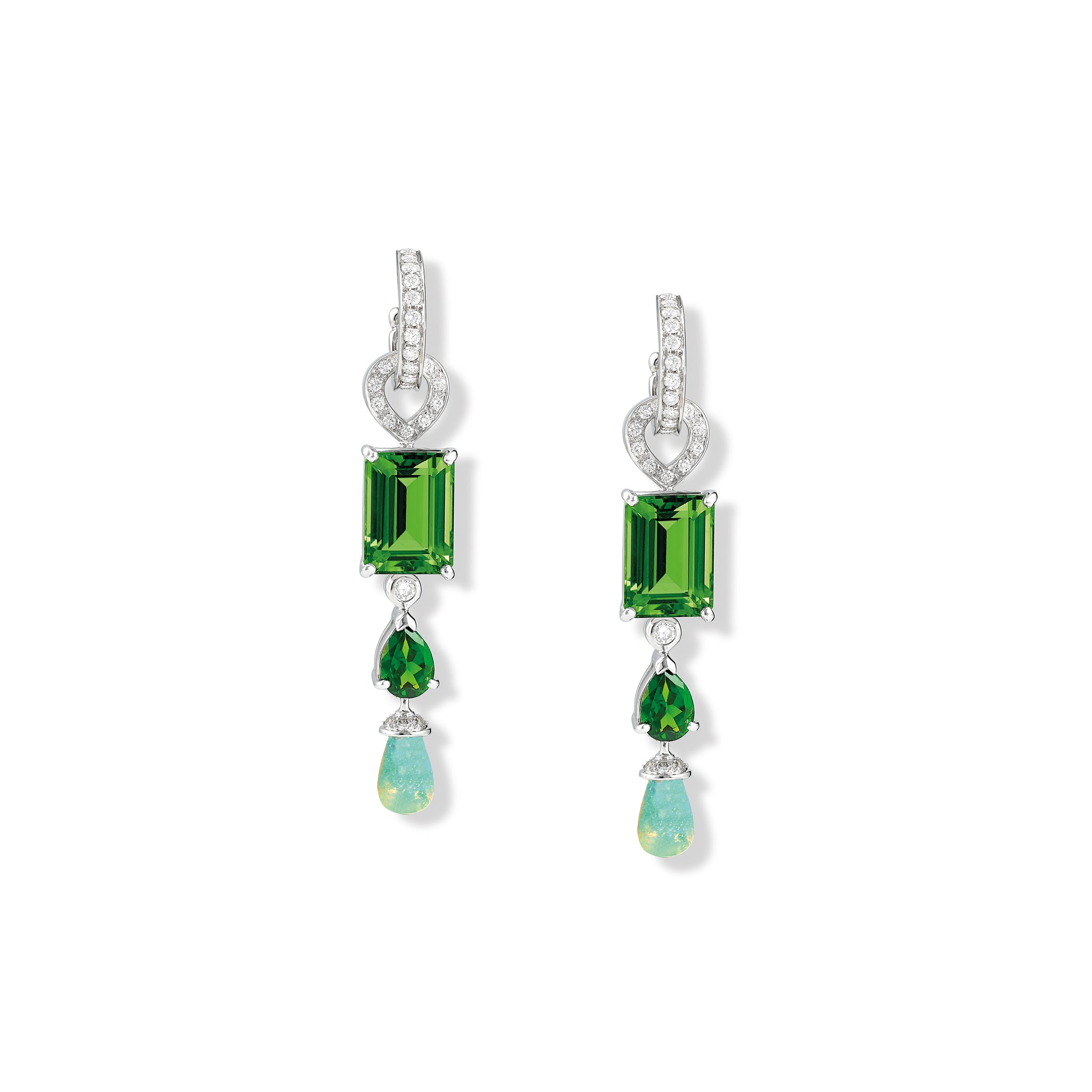 Handcrafted 18ct white gold earring drops featuring drops of chrome diopside, green tourmaline and opal with diamonds.