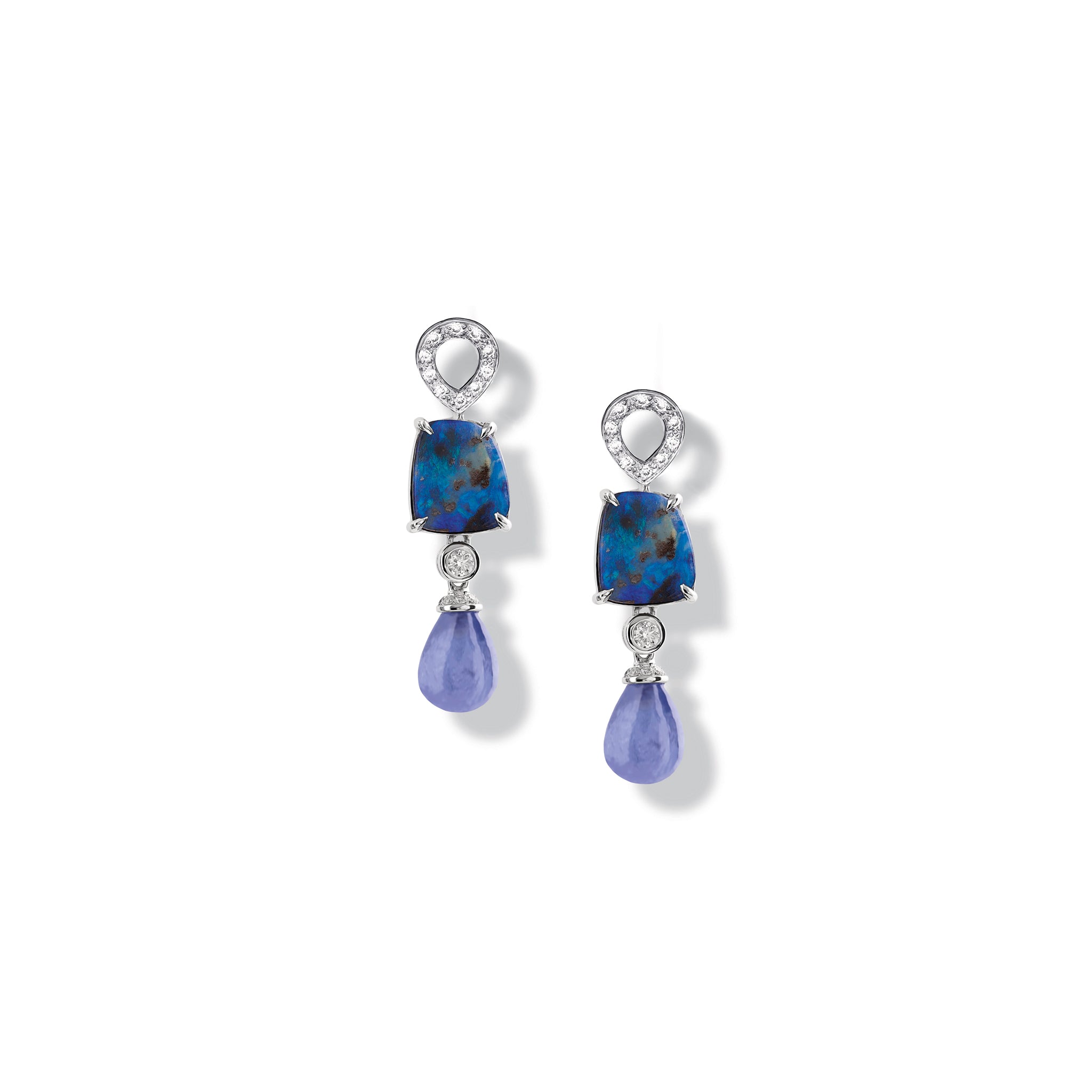 Octavia Earring Drops 18ct White Gold - Blue Opal, Tanzanite & Diamond