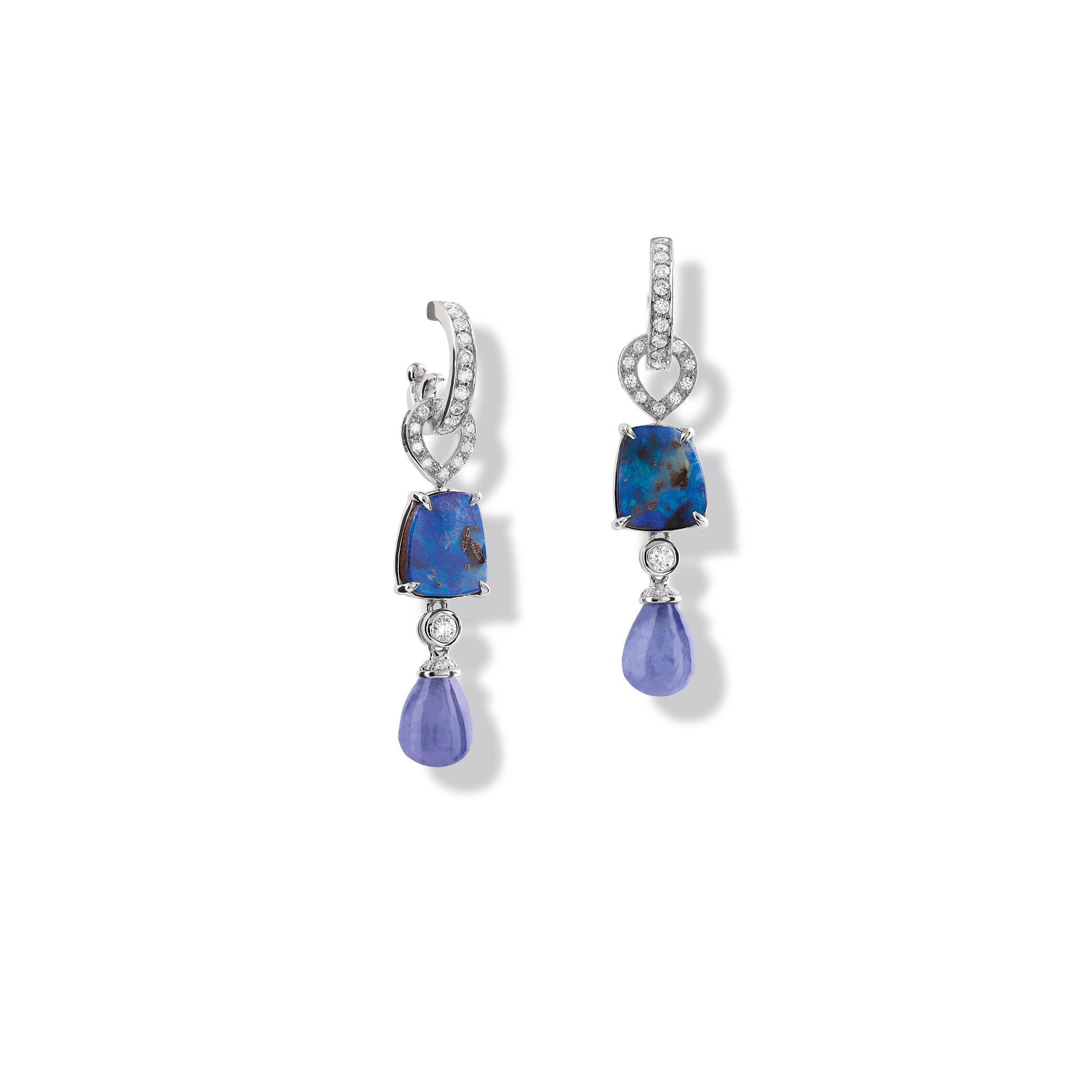 Octavia Earring Drops 18ct White Gold - Blue Opal, Tanzanite & Diamond