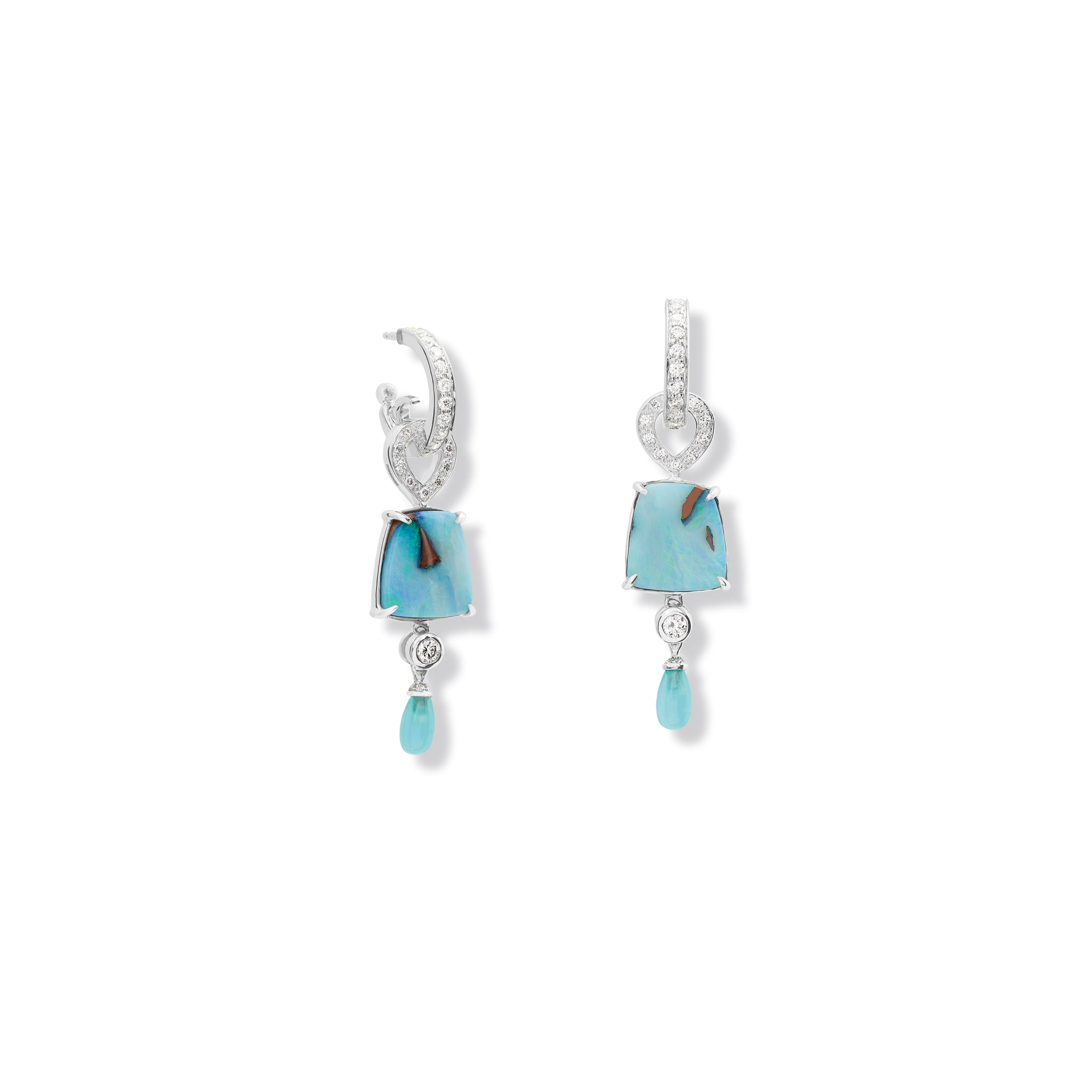 Handcrafted 18ct white gold earring drops featuring drops of blue opal and Peruvian opal with diamonds.