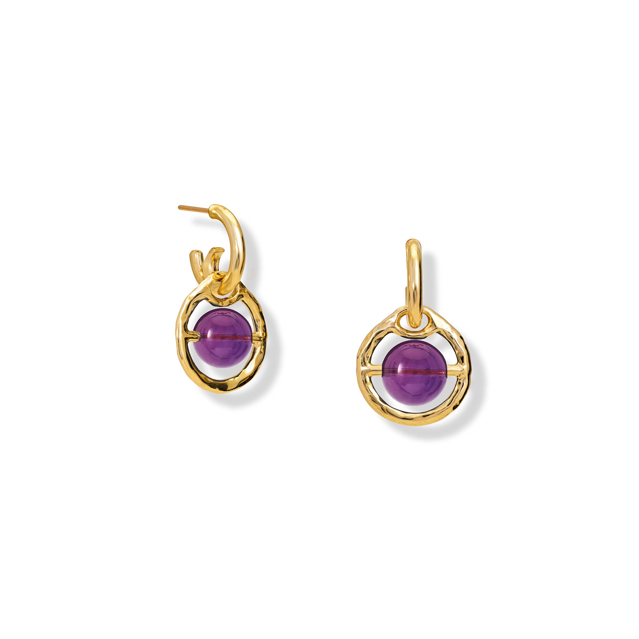 Handcrafted yellow gold earring drops featuring a round amethyst gemstones, birthstone of February, held within a gold circle.