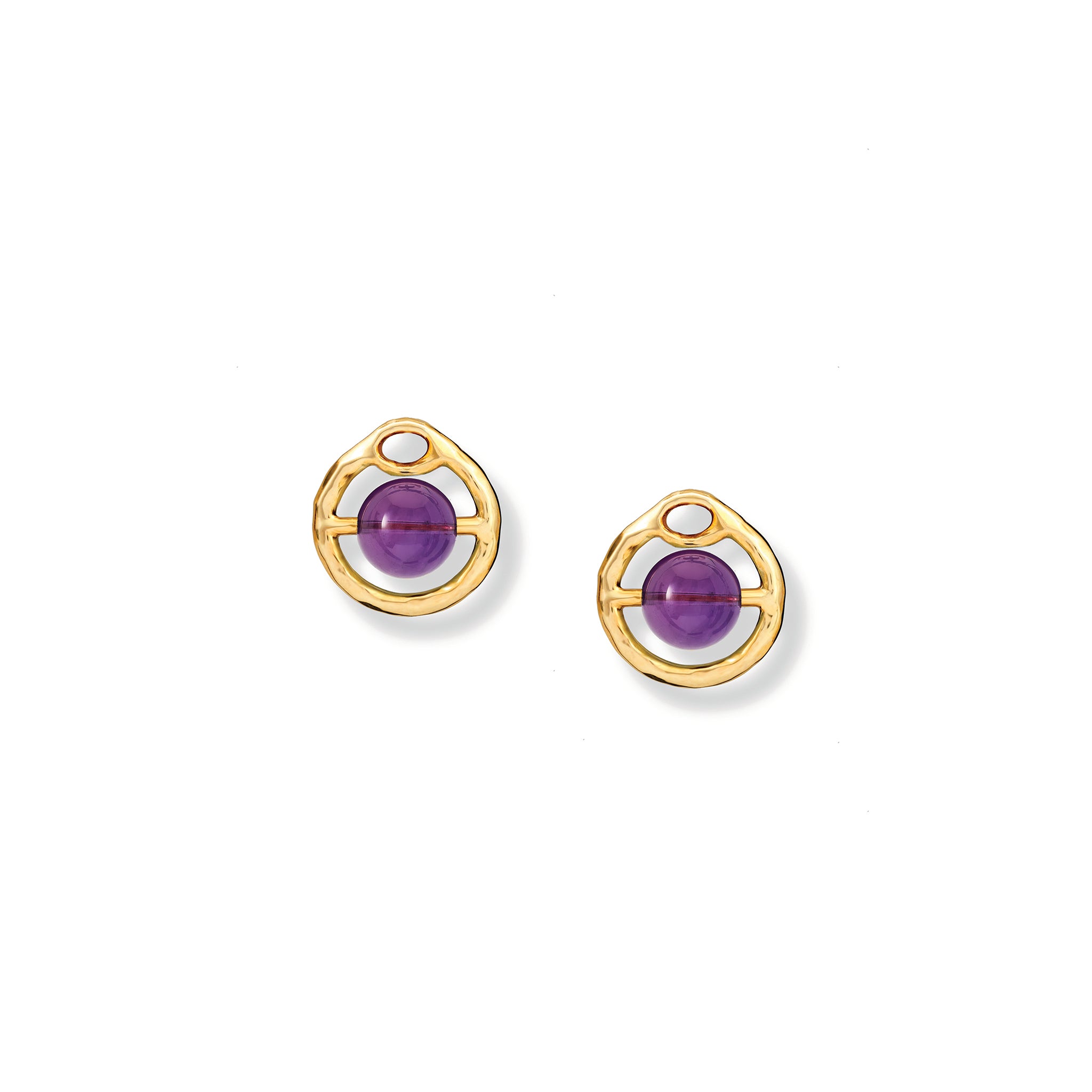 Handcrafted yellow gold earring drops featuring a round amethyst gemstones, birthstone of February, held within a gold circle.