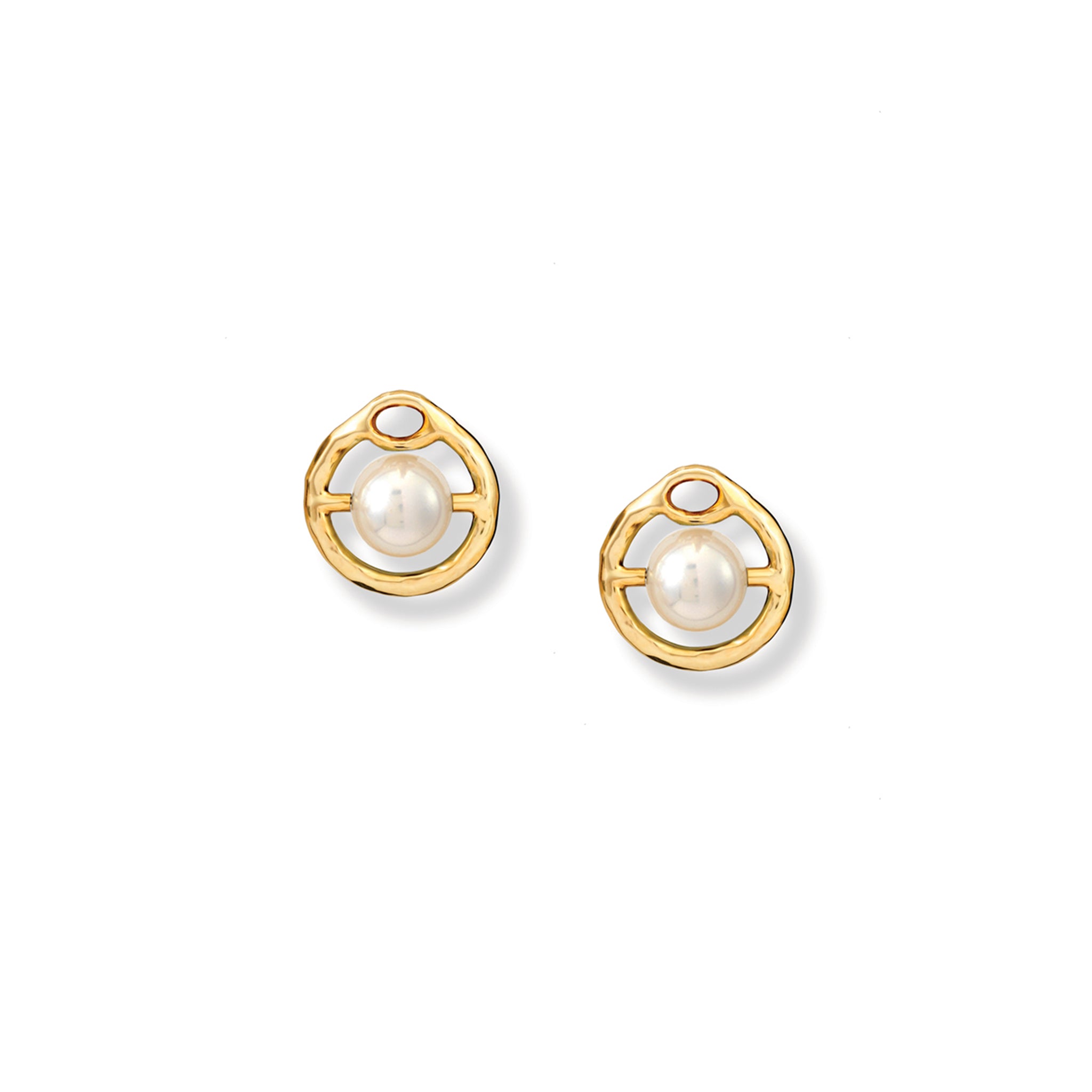 Handcrafted yellow gold earring drops featuring a round pearls, birthstone of June, held within a gold circle. 