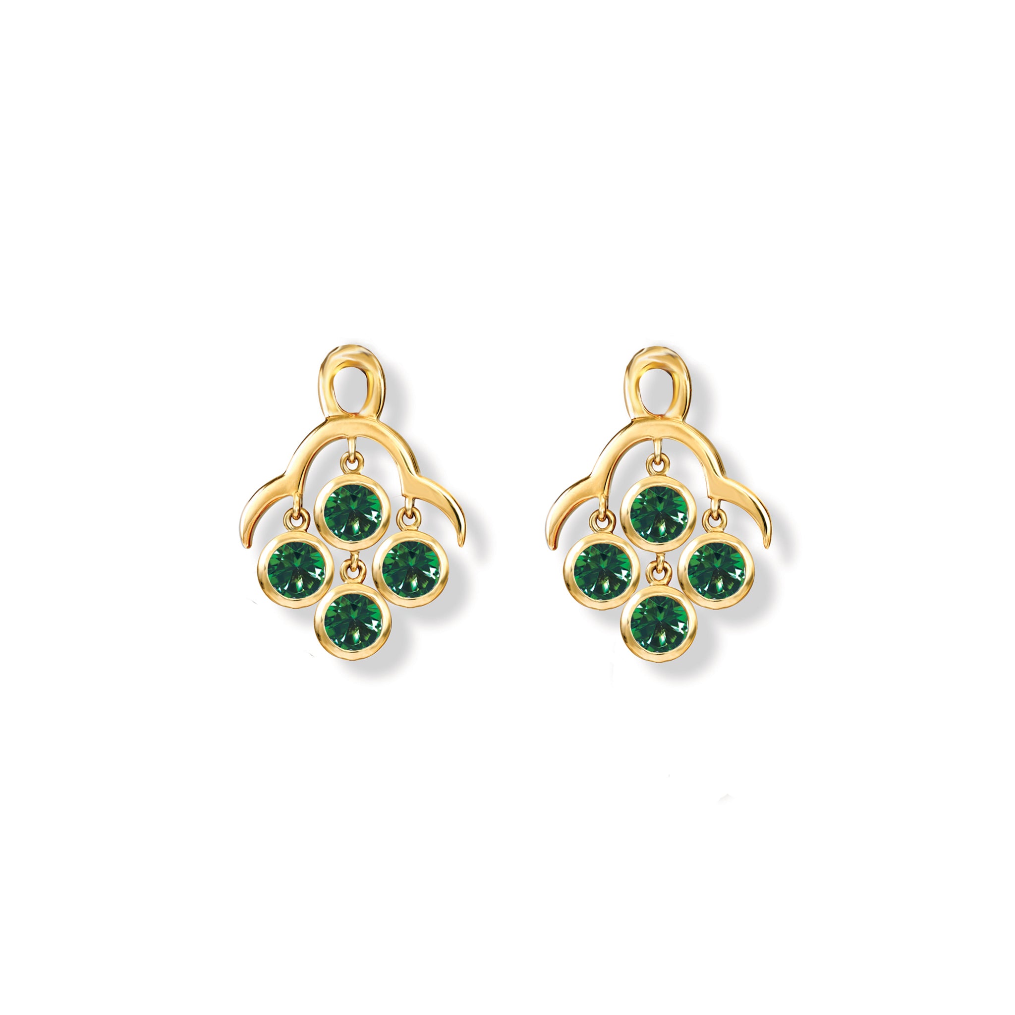 Handcrafted yellow gold earring drops inspired by acai berries featuring four chrome diopside gemstones.