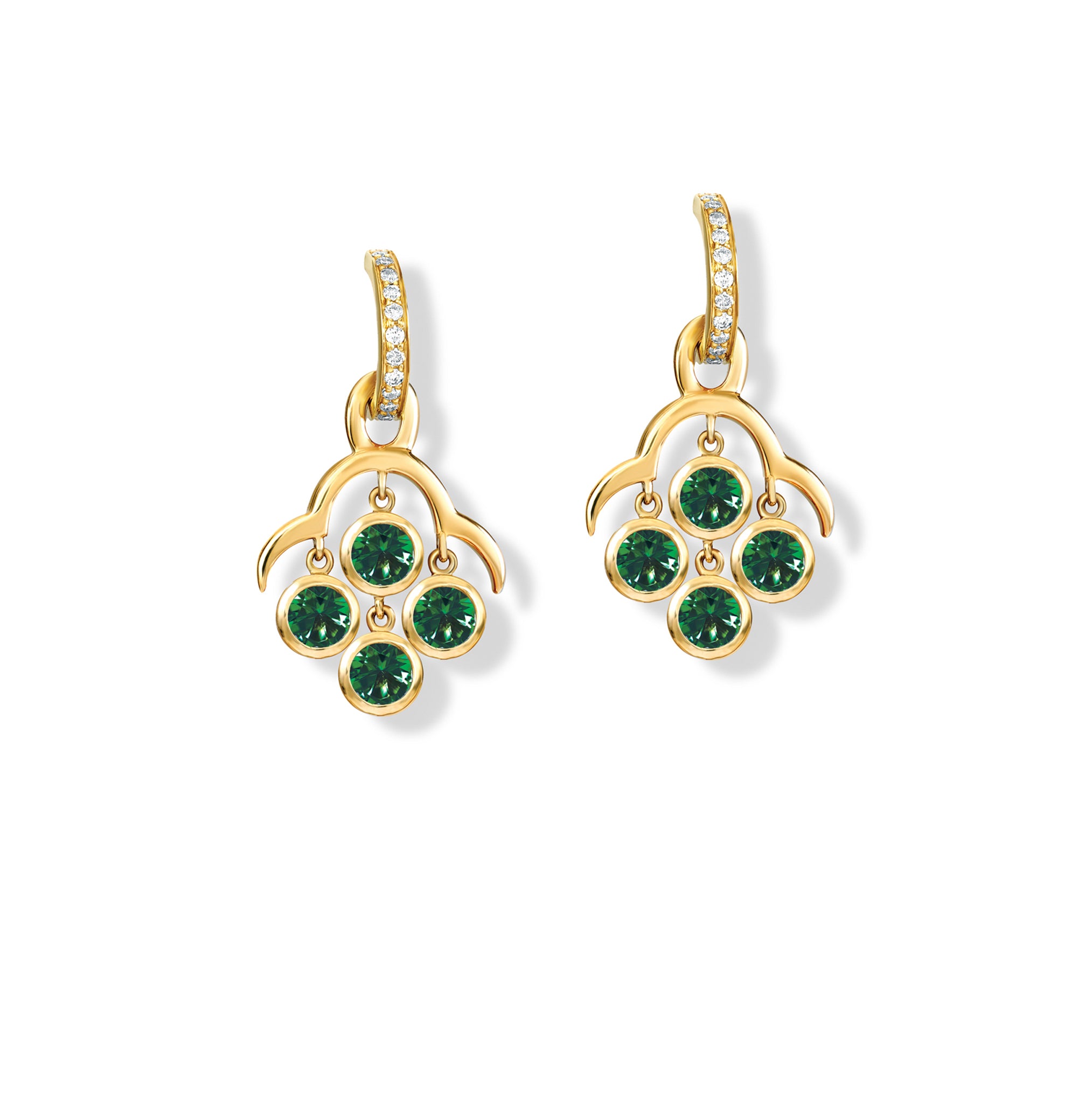 Handcrafted yellow gold earring drops inspired by acai berries featuring four chrome diopside gemstones, on Astrea hoops.