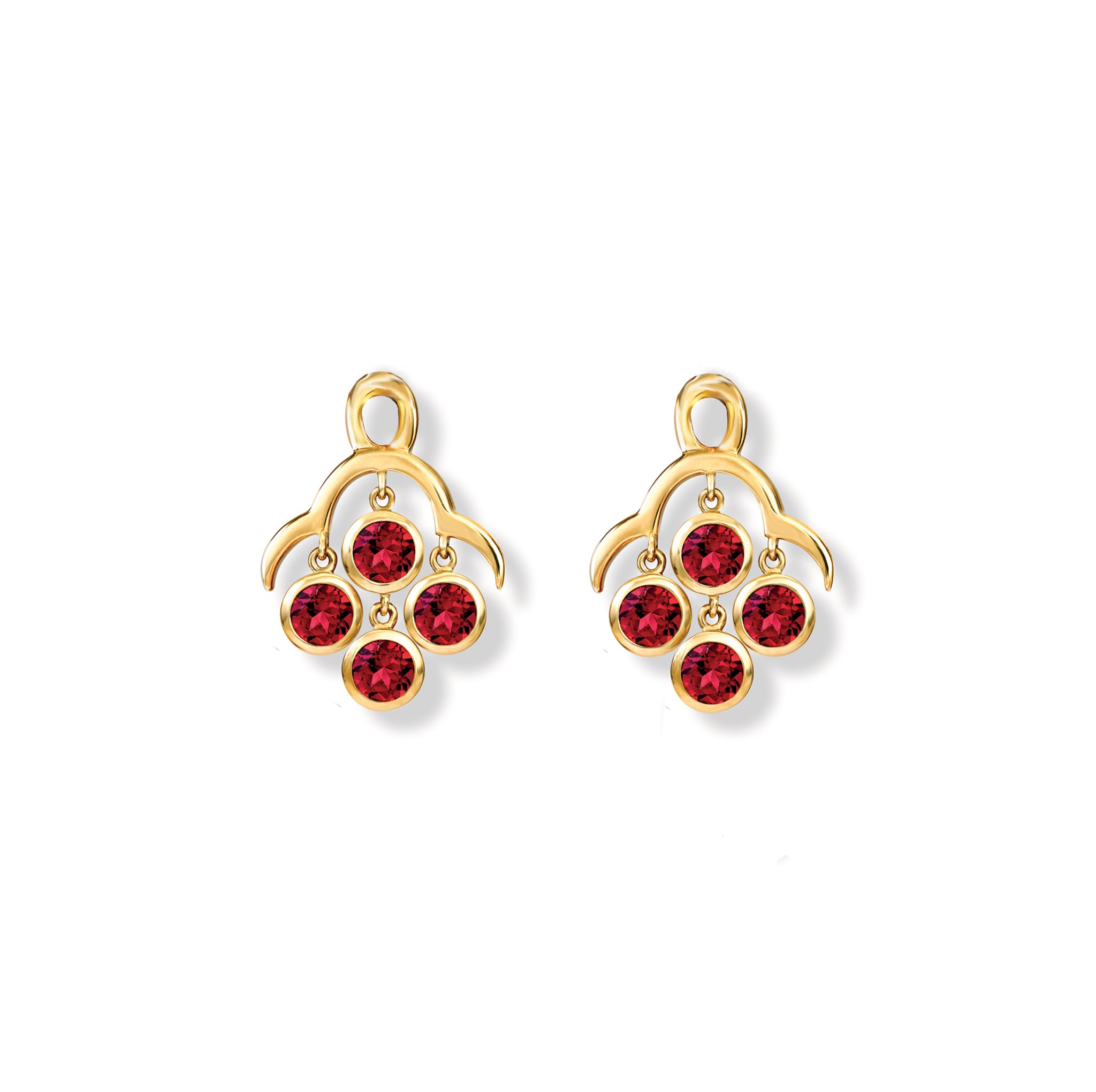 Handcrafted yellow gold earring drops inspired by acai berries featuring four garnet gemstones.