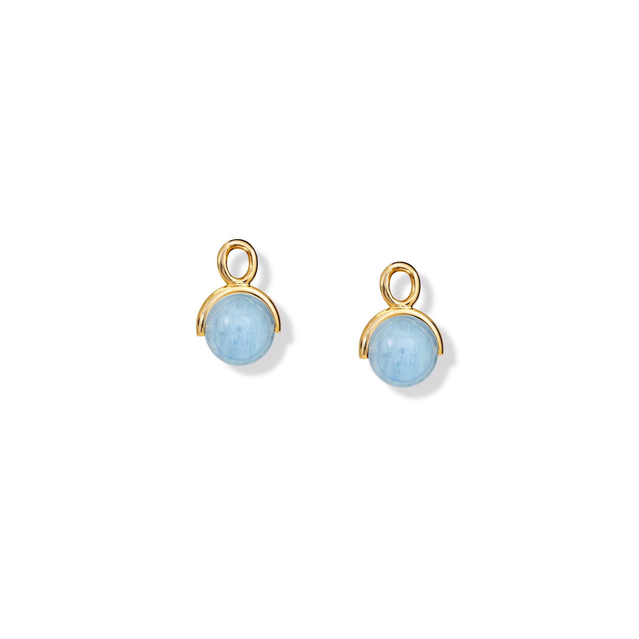 Handcrafted yellow gold earring drops featuring aquamarine beads, birthstone of March. 