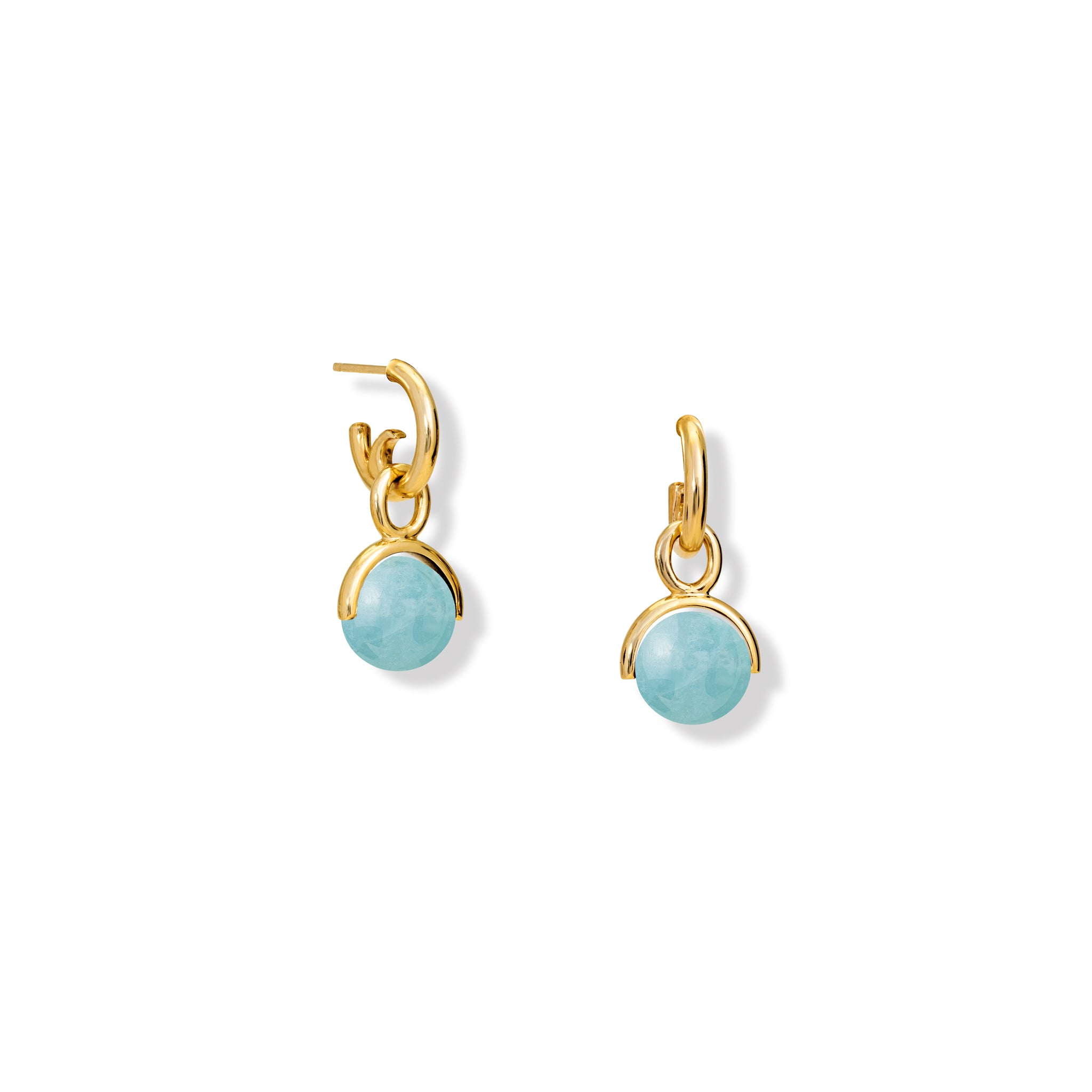 Handcrafted yellow gold earring drops featuring aquamarine beads, birthstone of March. 