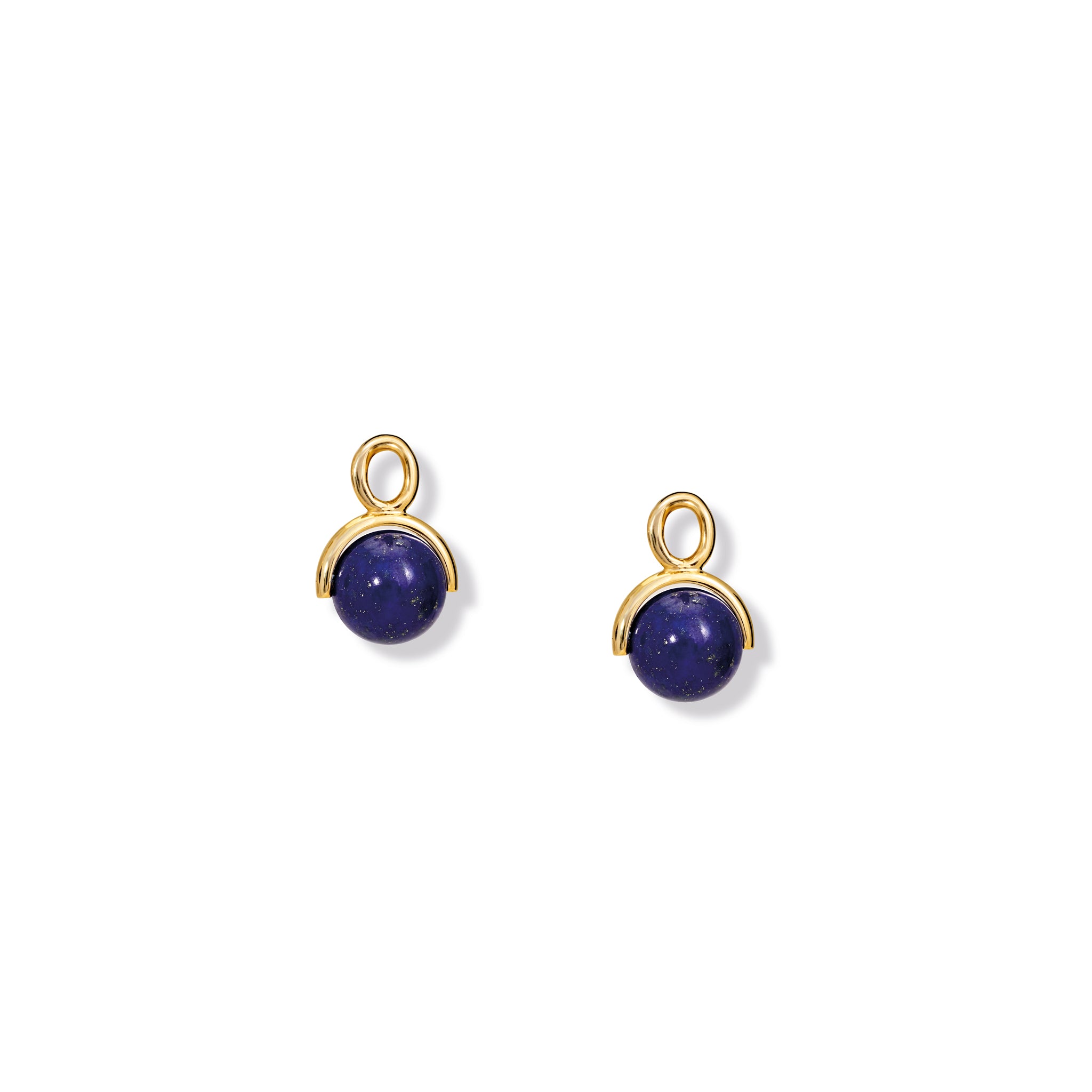 Handcrafted yellow gold earring drops featuring lapis lazuli beads.
