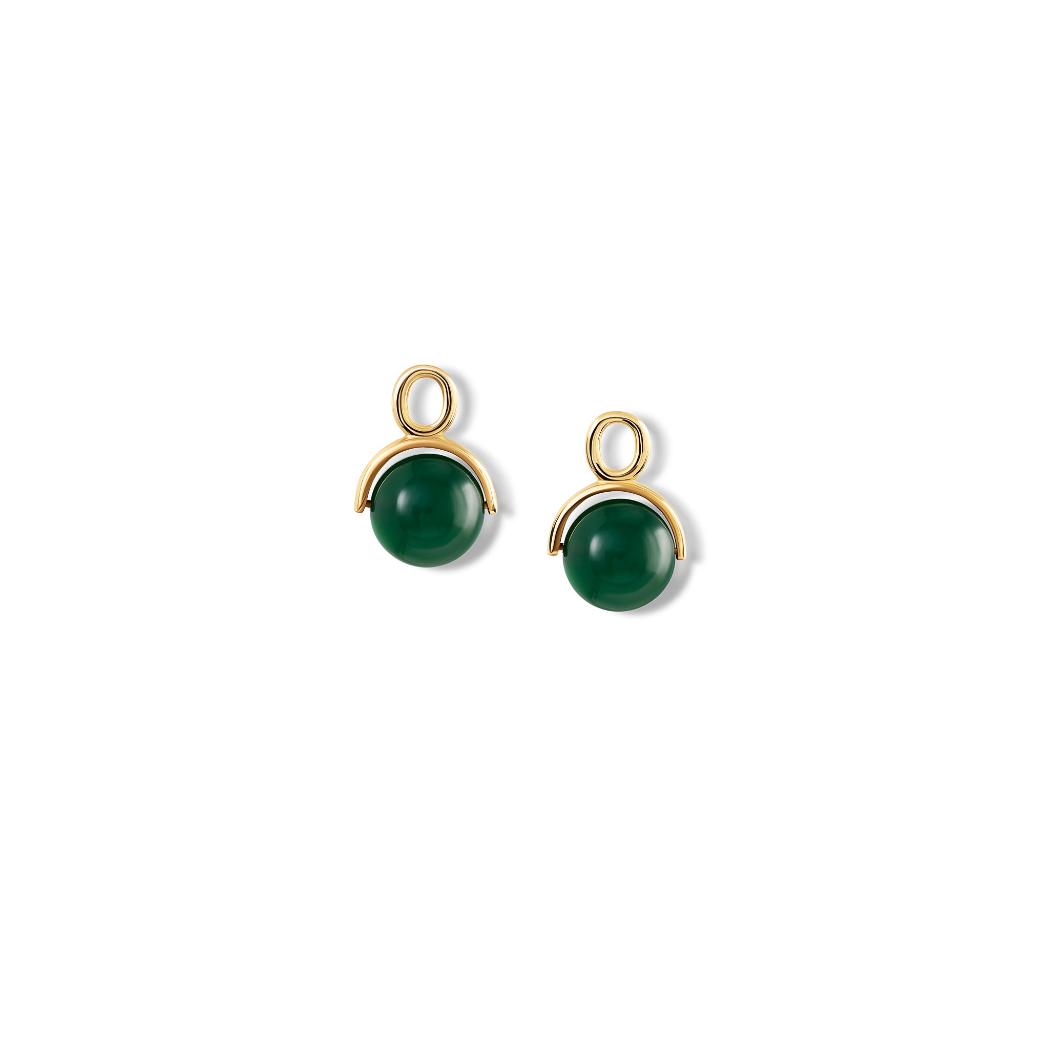 Handcrafted yellow gold earring drops with round green agate beads.