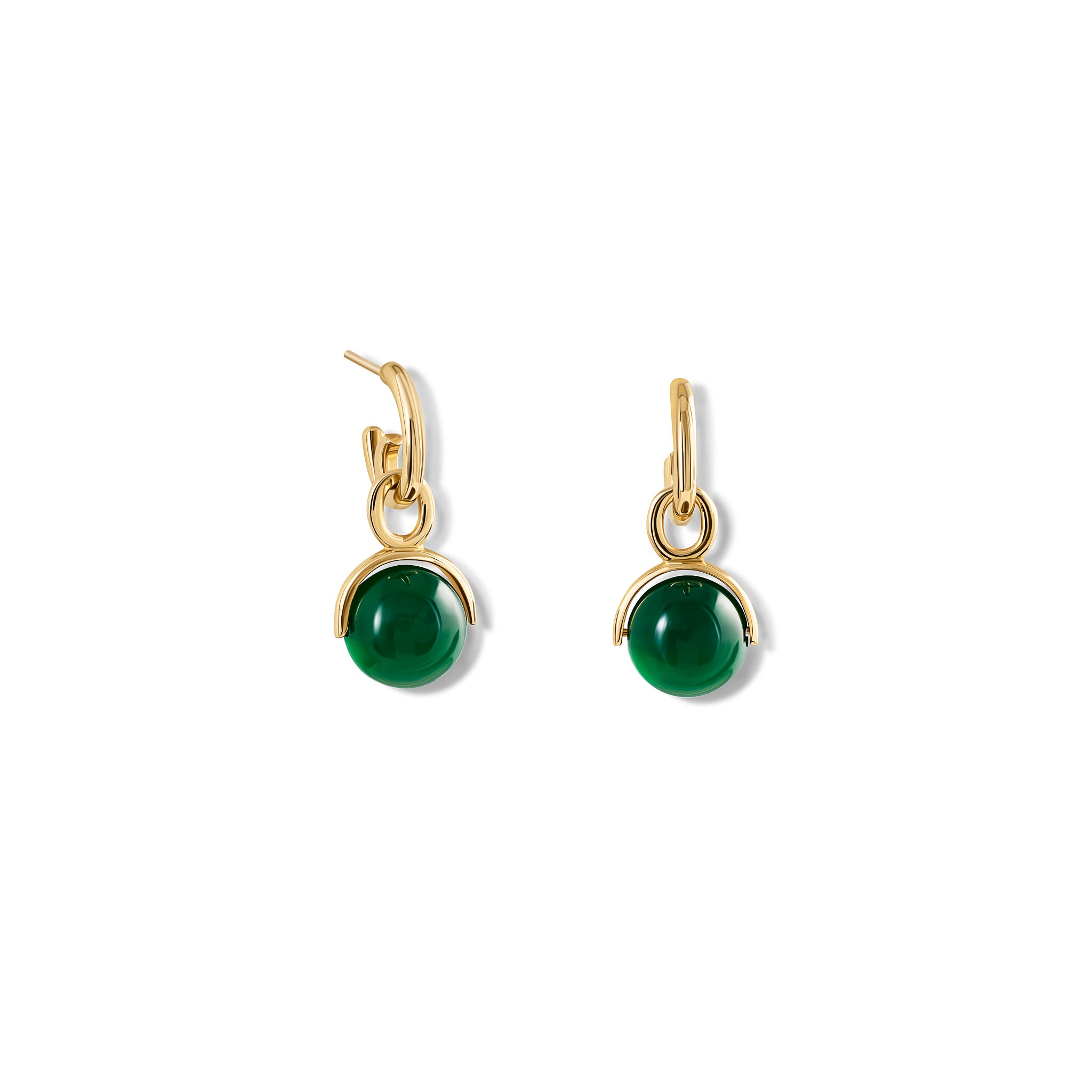 Handcrafted yellow gold earring drops with round green agate beads.