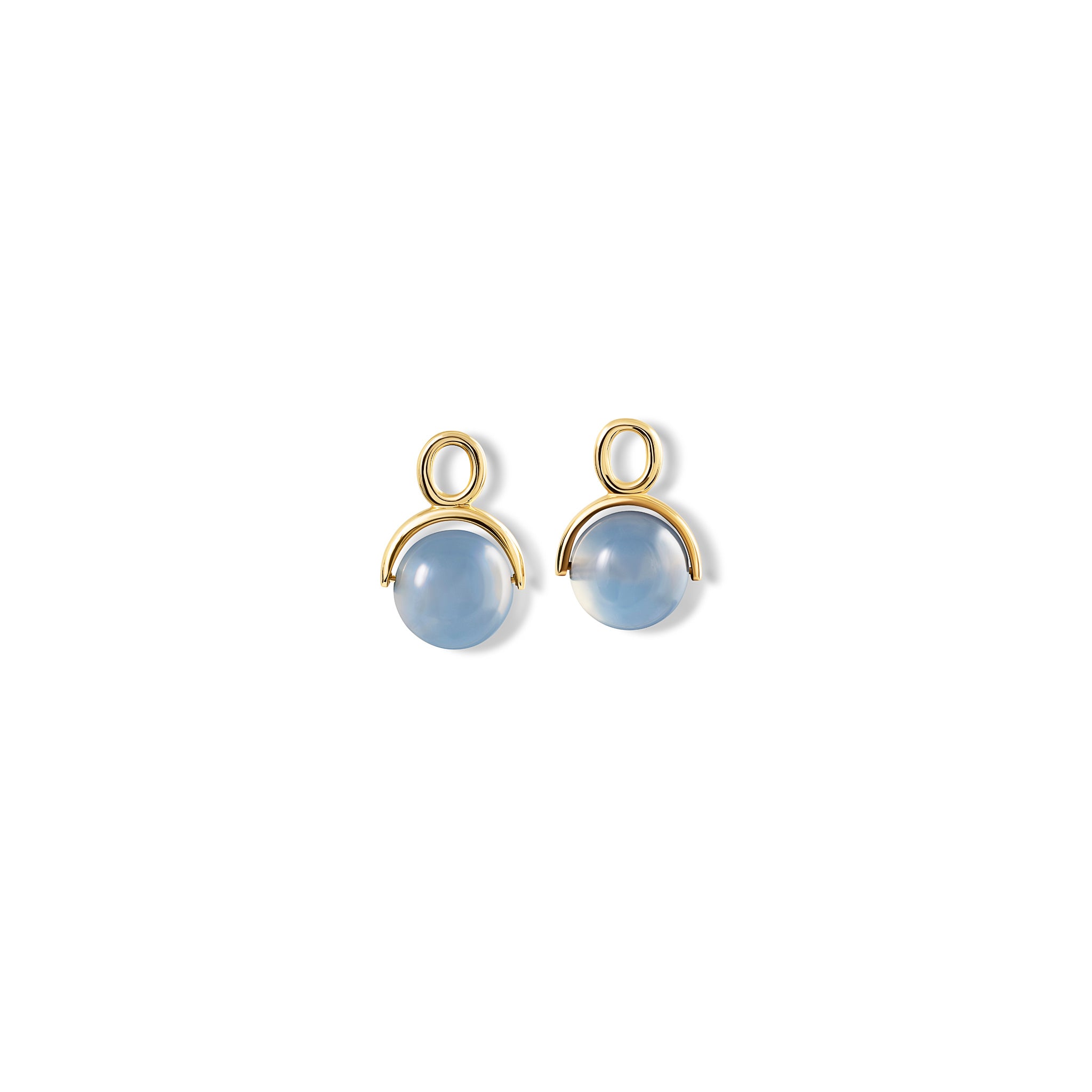 Handcrafted yellow gold earring drops with round blue chalcedony beads.