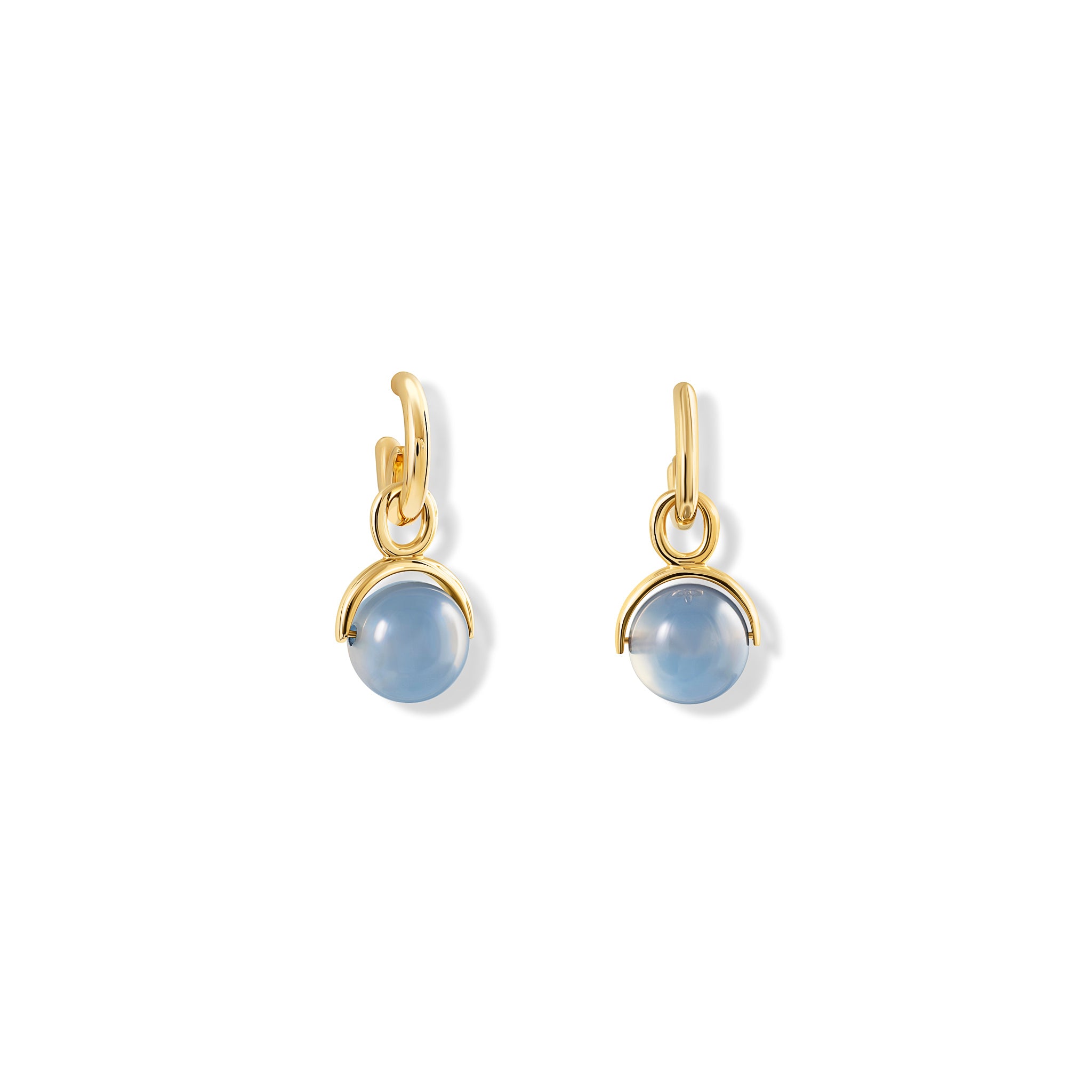 Handcrafted yellow gold earring drops with round blue chalcedony beads.