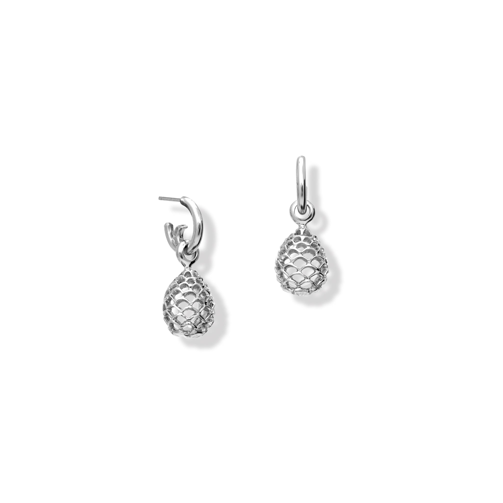 Handcrafted sterling silver earring drops featuring a pinecone frame.