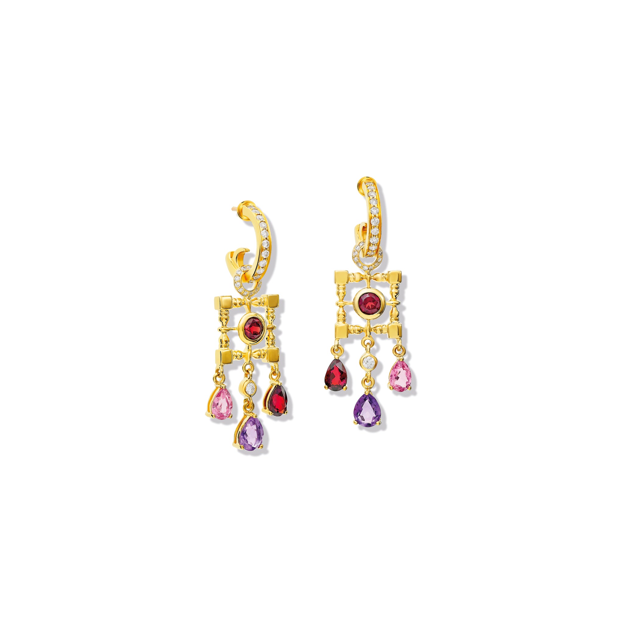 Handcrafted yellow gold earring drops featuring a square frame and drop gemstones of garnet, amethyst, pink tourmaline and diamond.