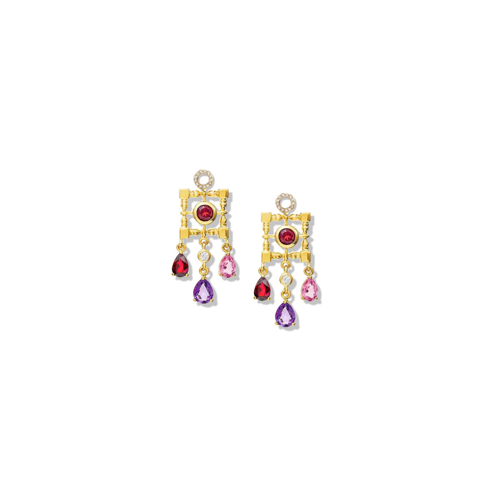 Mashrabiya Trellis Earring Drops Yellow Gold - Garnet, Amethyst, Pink Tourmaline & Diamond