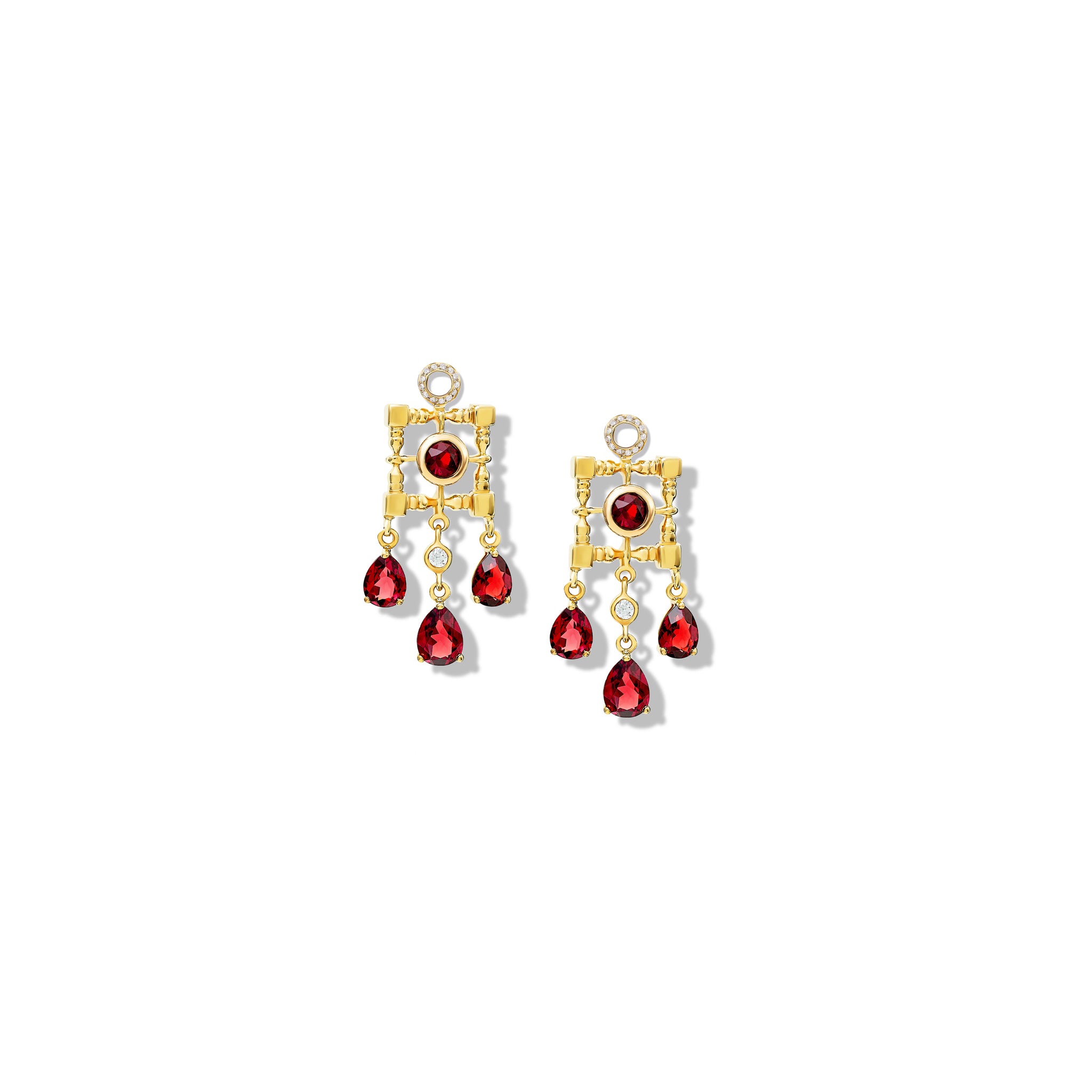 Handcrafted yellow gold earring drops featuring a teardrop-shaped design with garnet, birthstone of January. 