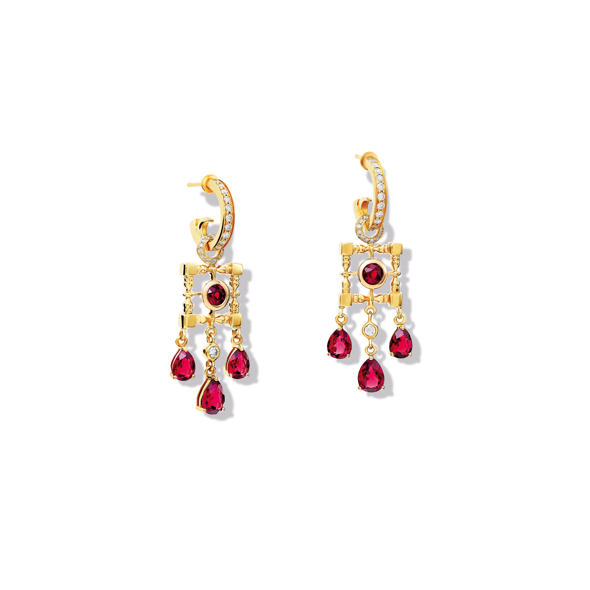 Handcrafted yellow gold earring drops featuring a square frame and drop gemstones of rhodolite garnet and diamond.