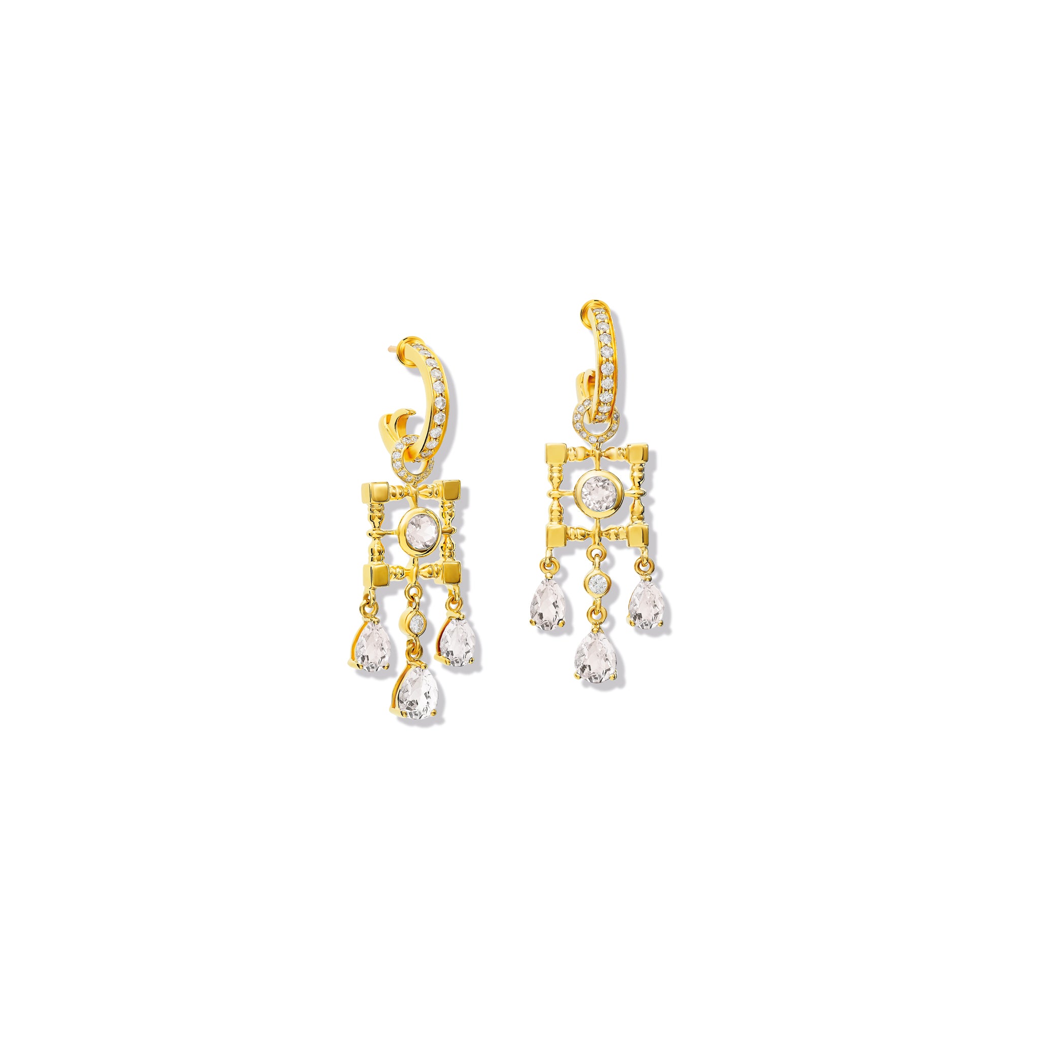 Mashrabiya Trellis Earring Drops Yellow Gold - White Sapphire & Diamond