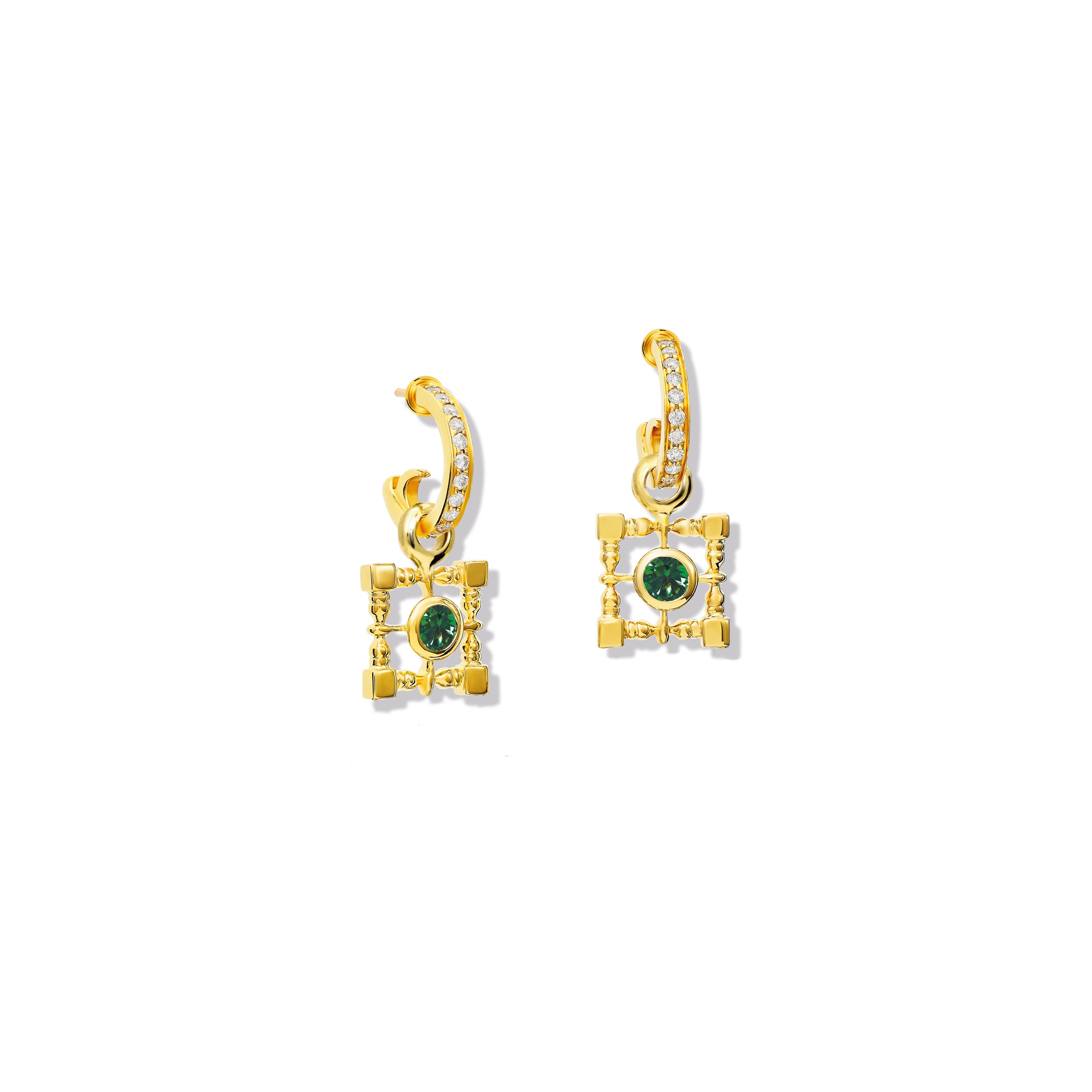 Mashrabiya Trellis Square Earring Drops Yellow Gold - Chrome Diopside