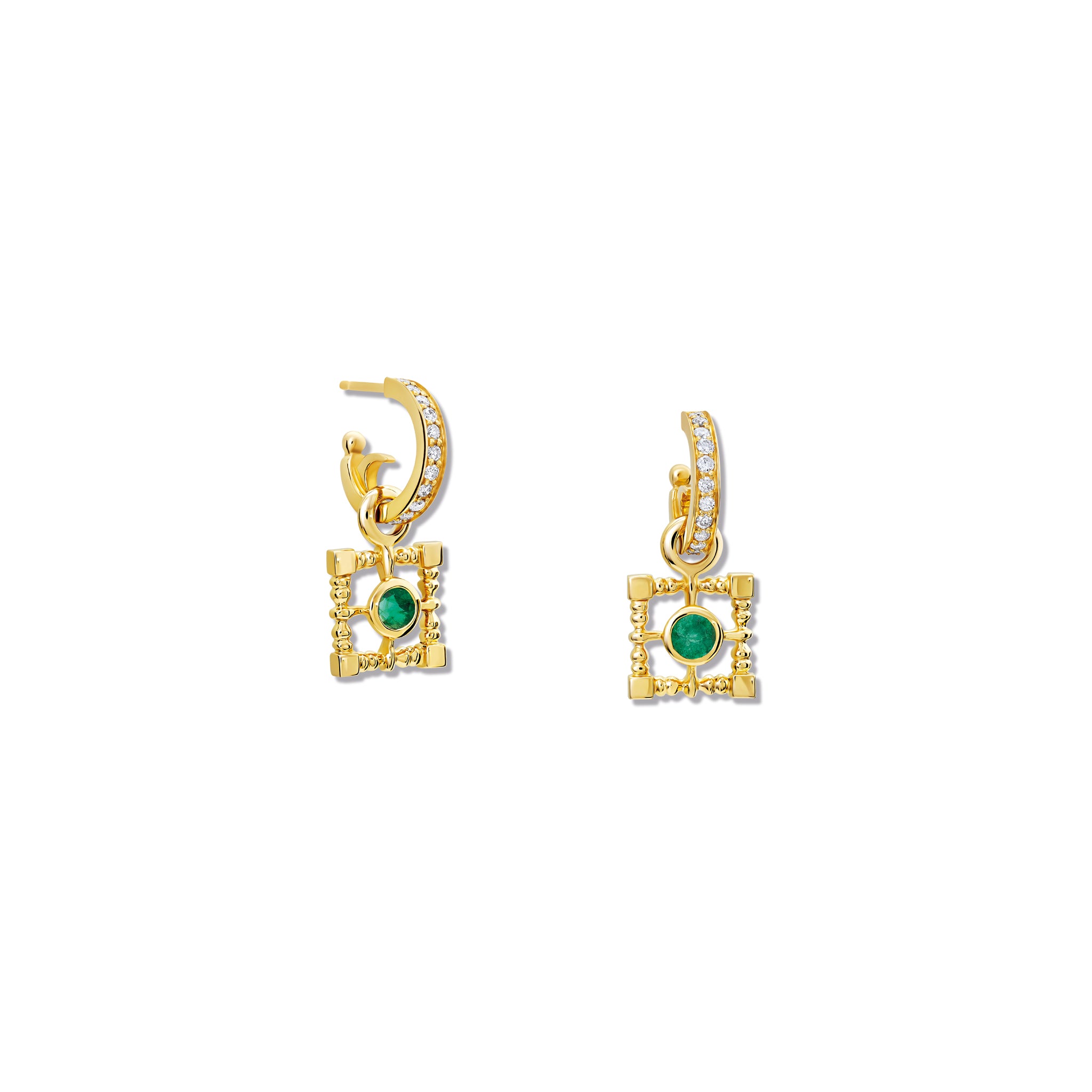 Mashrabiya Trellis Square Earring Drops Yellow Gold - Emerald