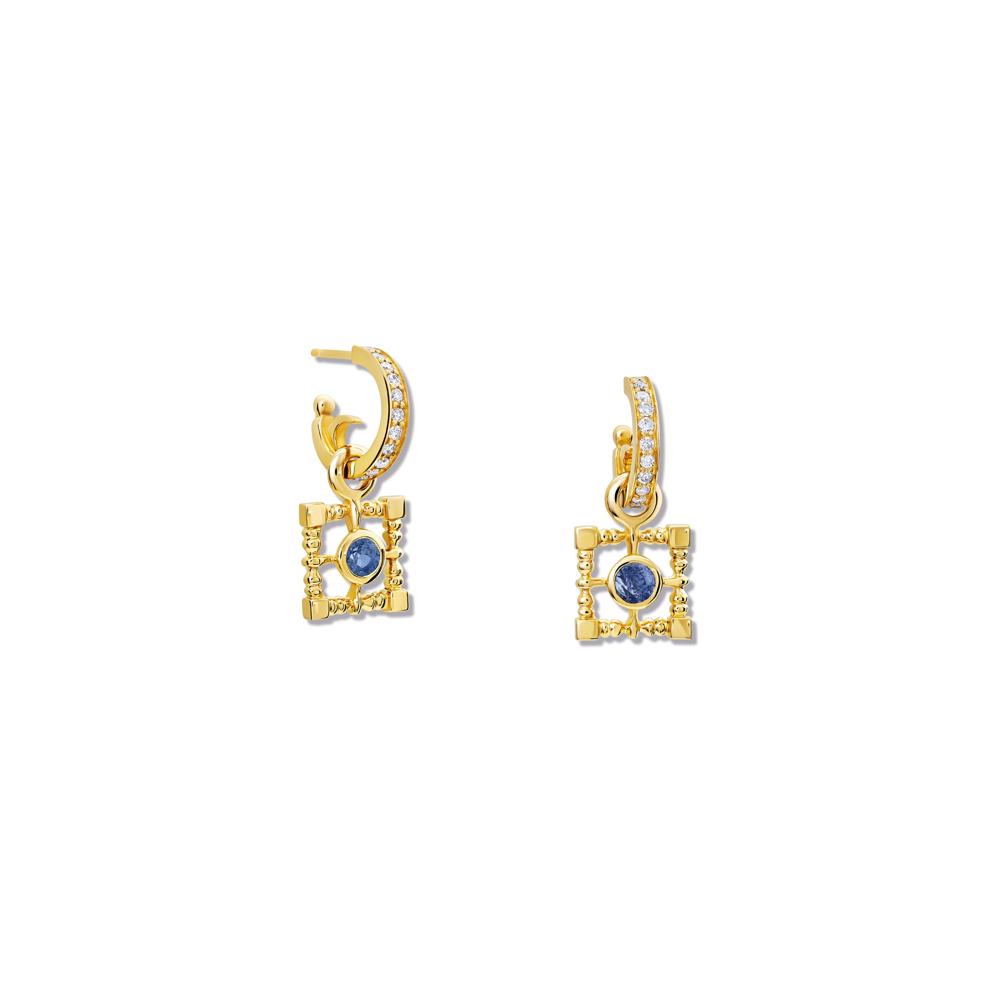 Handcrafted yellow gold earring drops featuring a square-shaped frame with a central sapphire, birthstone of September.