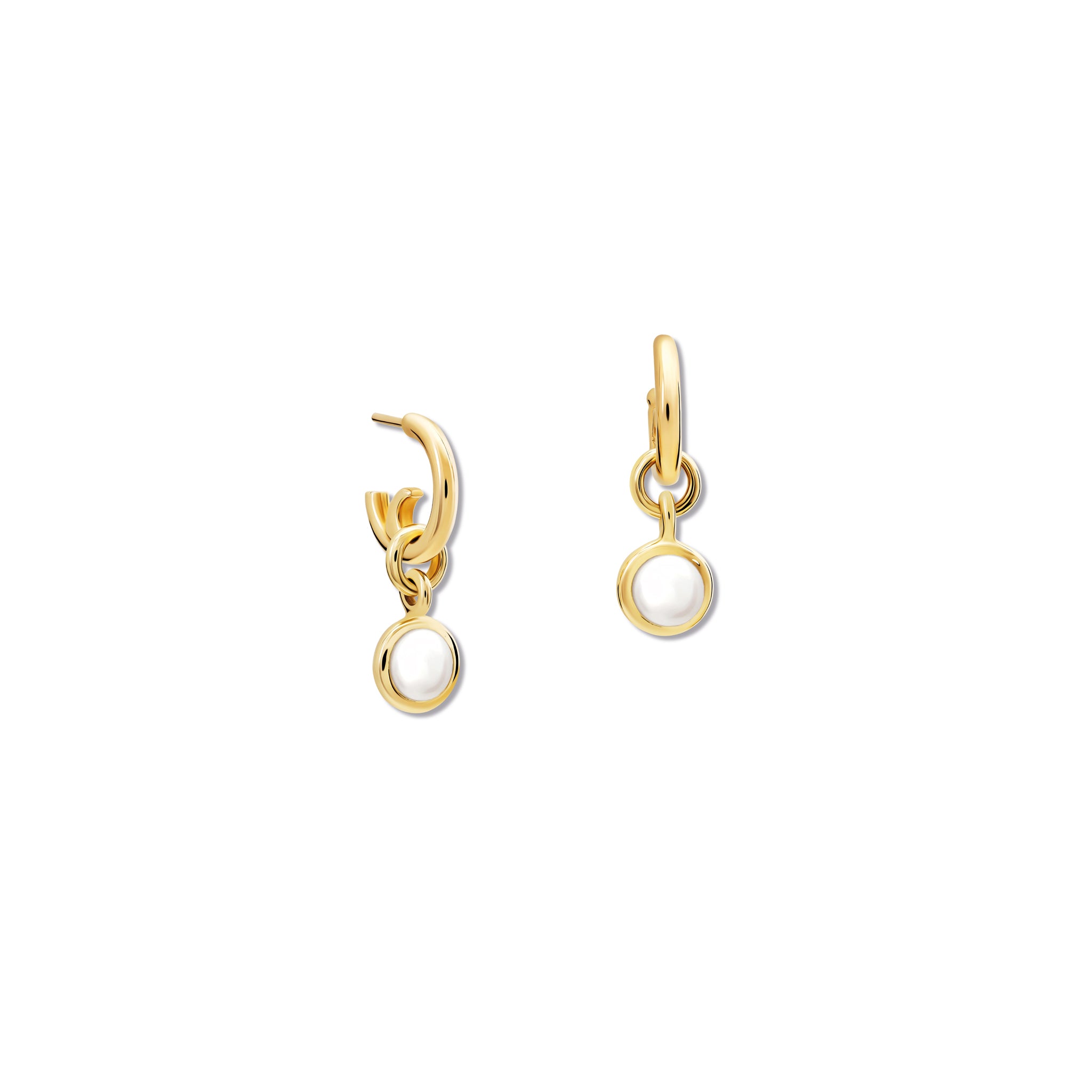 Handcrafted round yellow gold earring drops with pearl, birthstone of June.