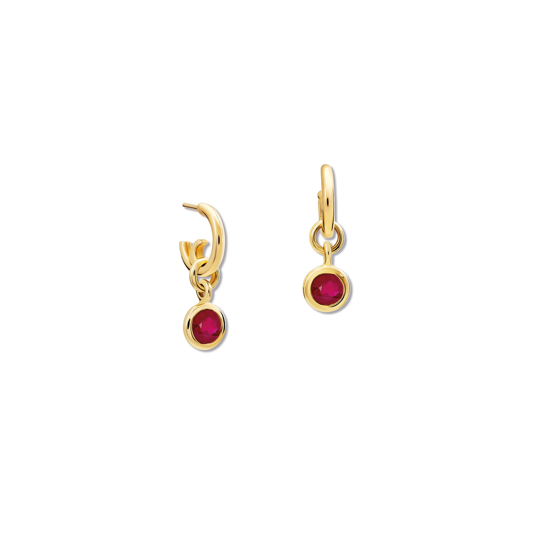 Handcrafted round 18ct gold earring drops with  round rubies, birthstone of July.