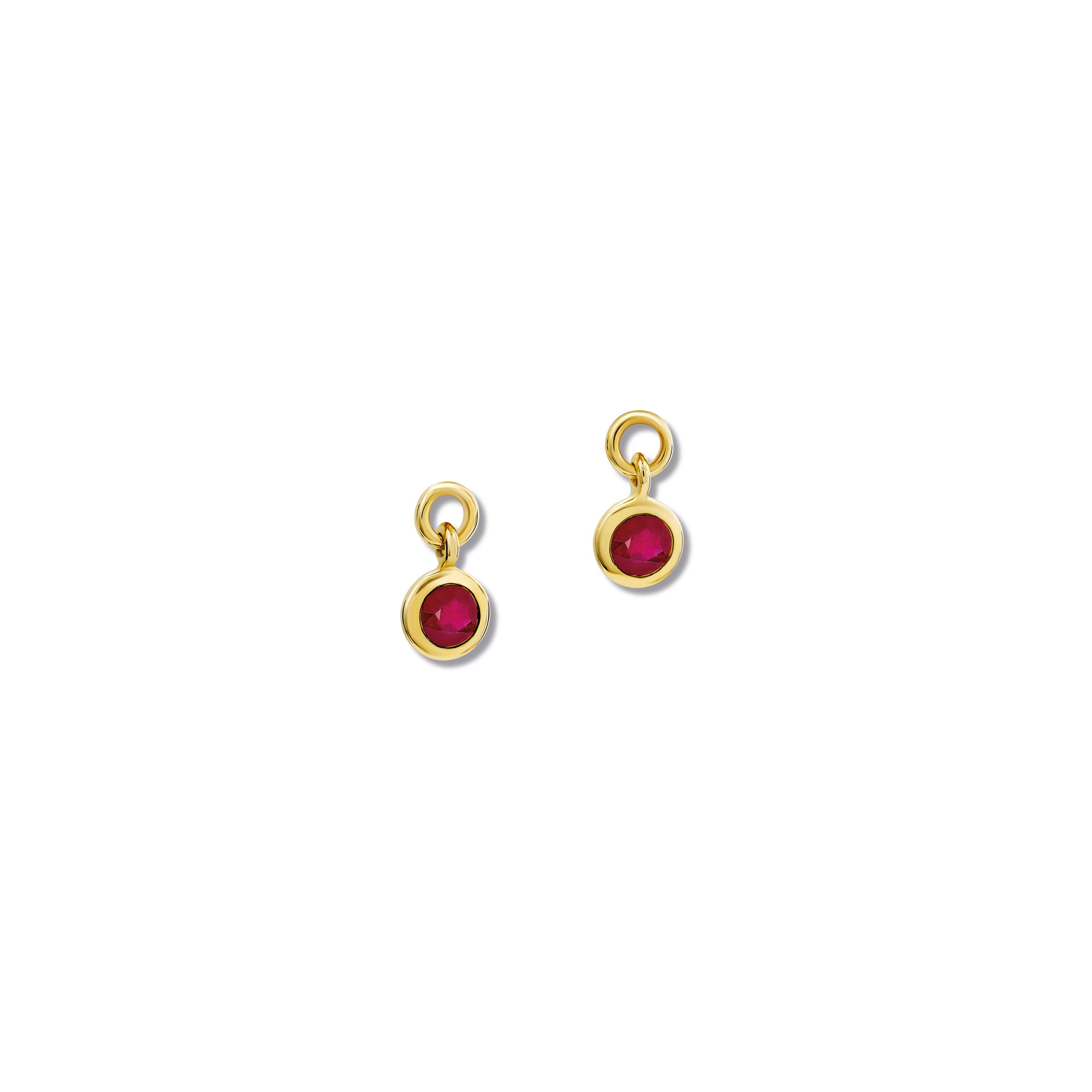 Handcrafted round 18ct gold earring drops with  round rubies, birthstone of July.