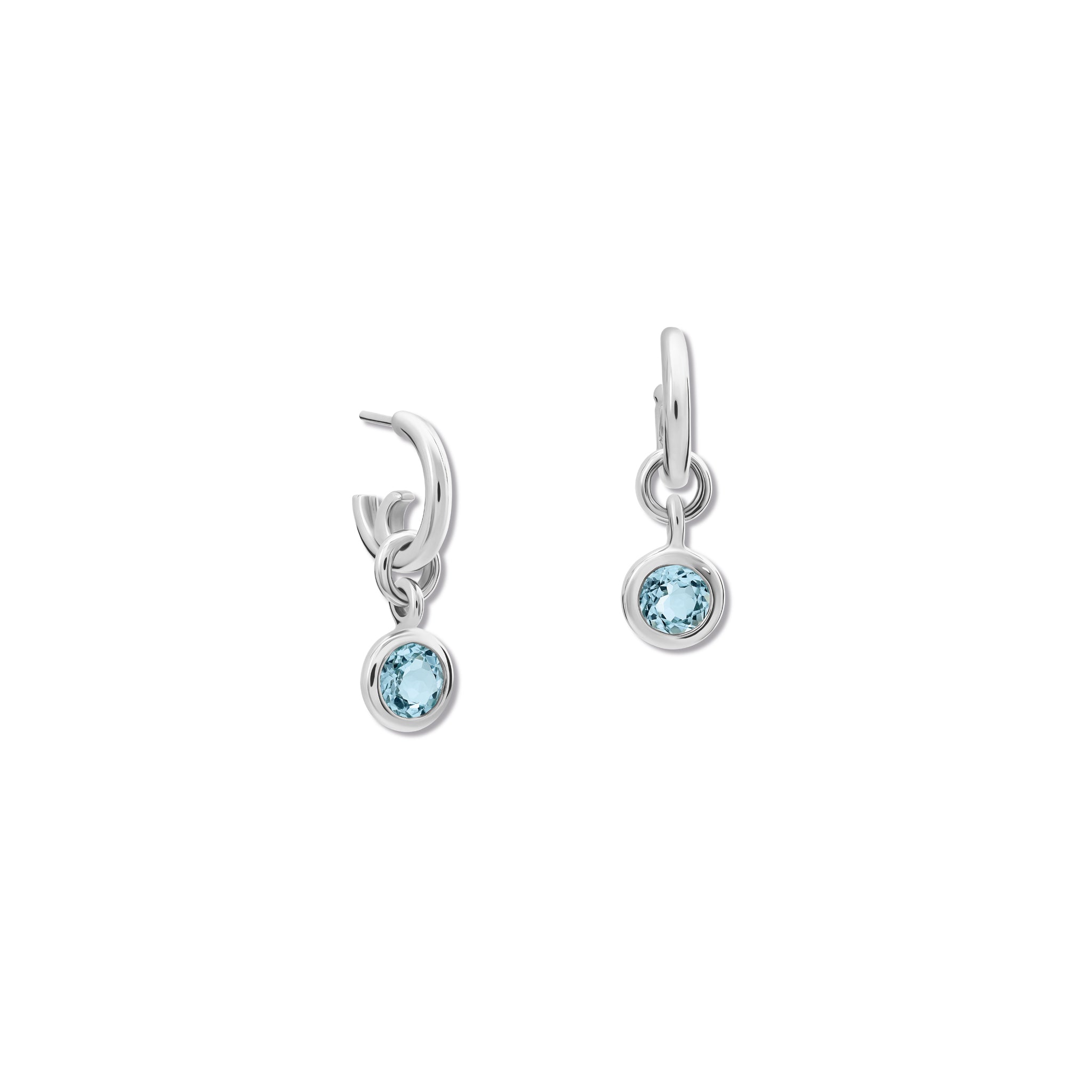 Handcrafted round sterling silver earring drops with  blue topaz, birthstone of November.