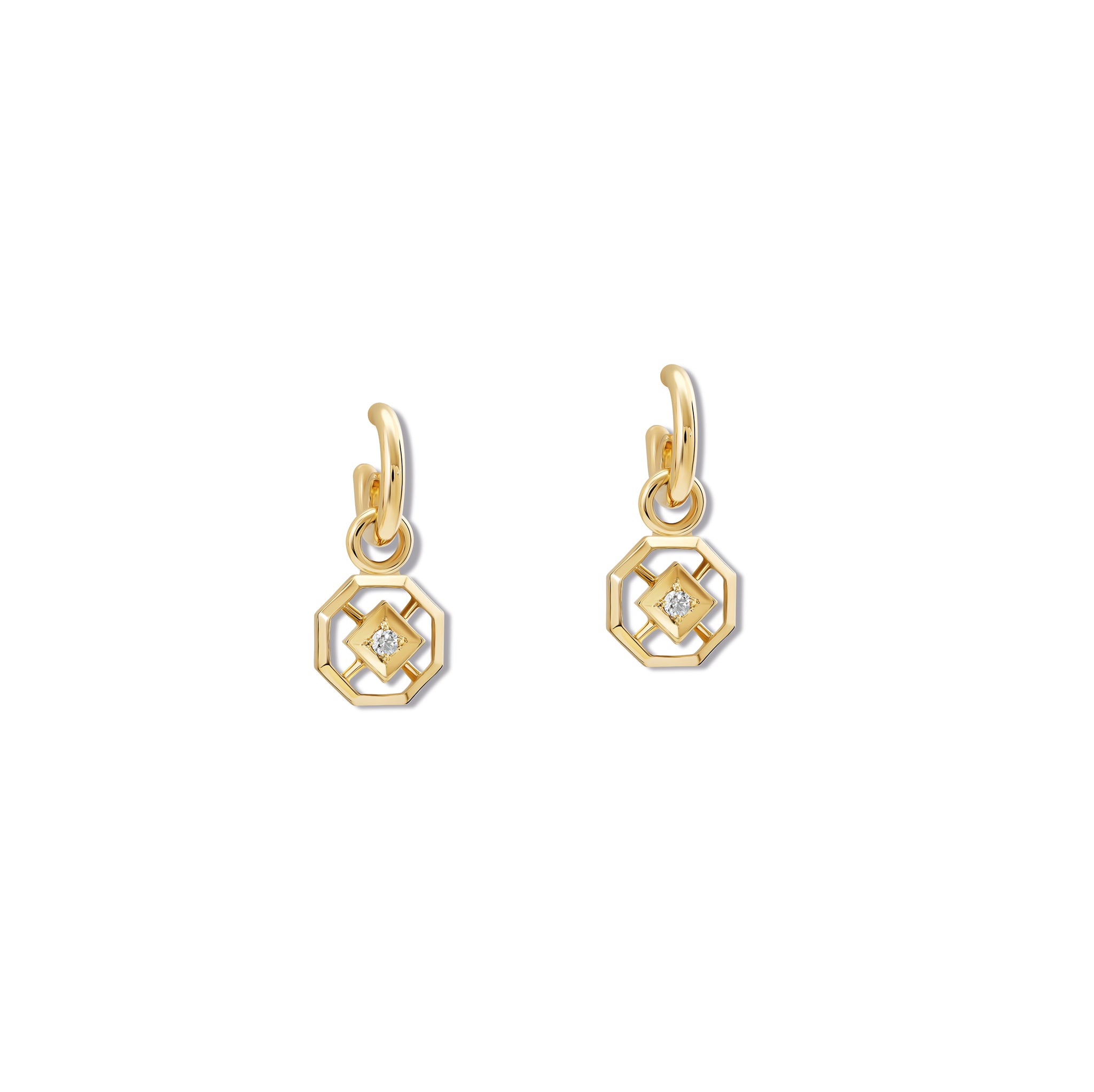 Handcrafted yellow gold earring drops featuring an octagonal design with a central diamond, birthstone of April.