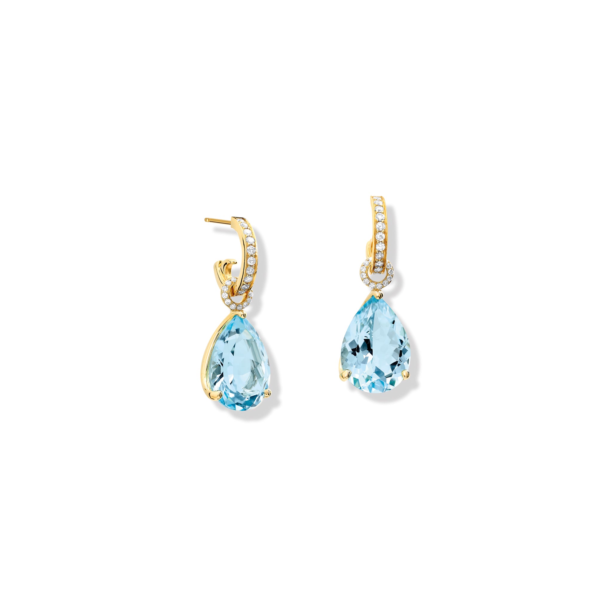 Handcrafted yellow gold earring drops with teardrop shaped blue topaz and diamond pavé.