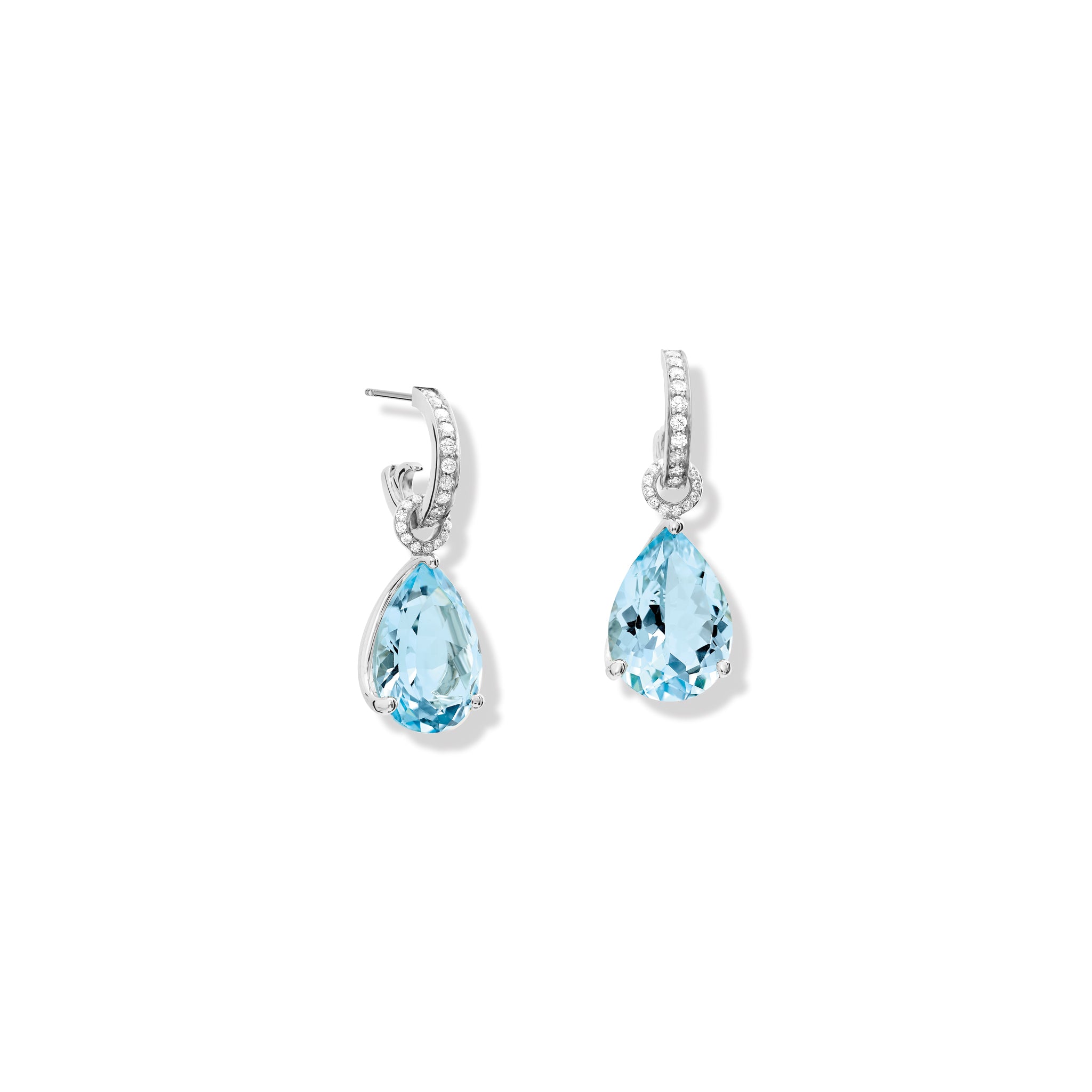 Handcrafted white gold earring drops with teardrop shaped blue topaz and diamond pav?.