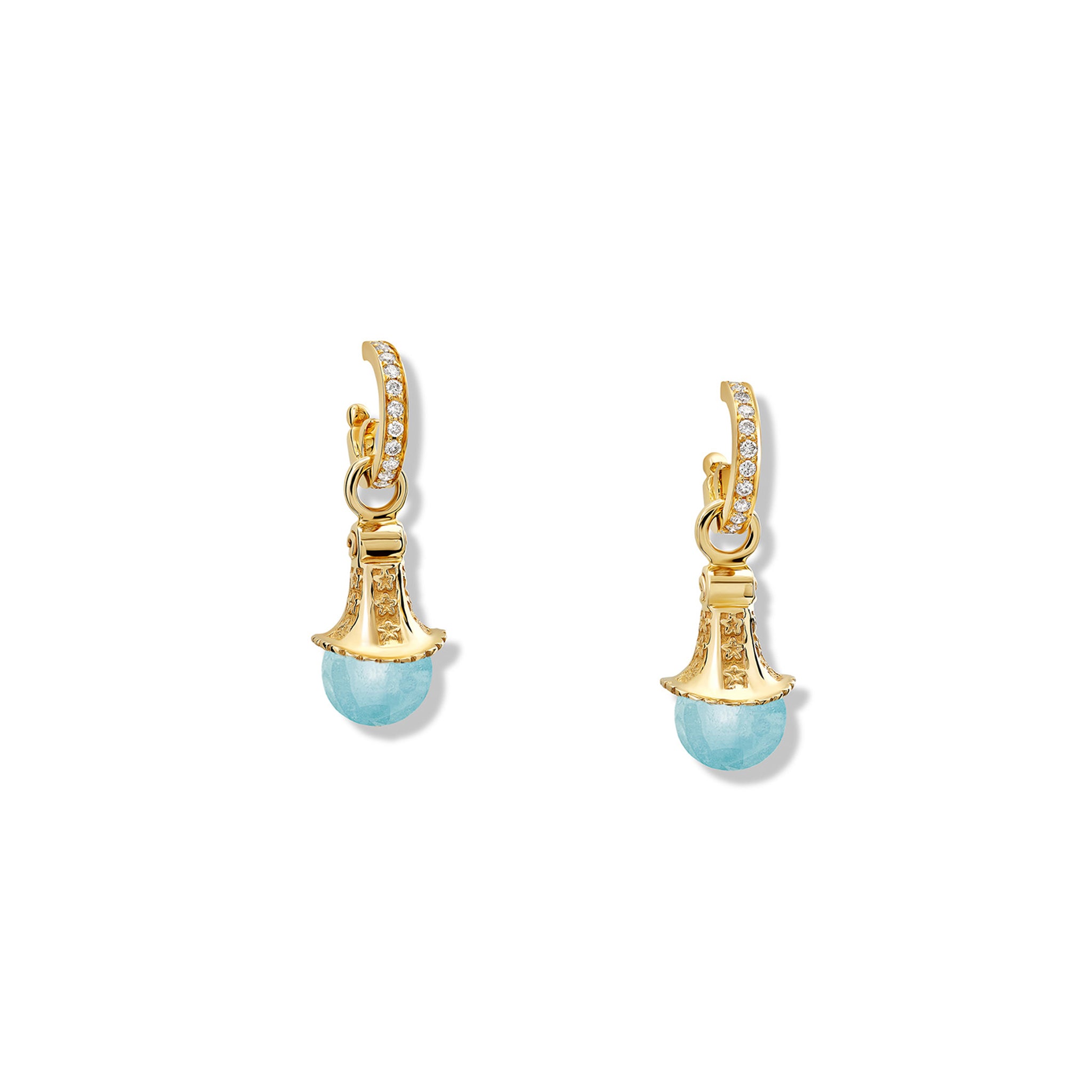 Handcrafted yellow gold earring drops with aquamarine beads, birthstone of March.