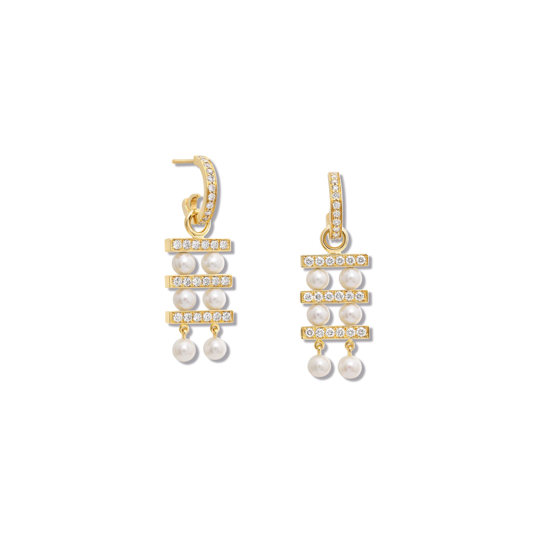 Handcrafted 18ct yellow gold earring drops with three tiers of pearls separated by delicate gold lines adorned with diamond pavé.